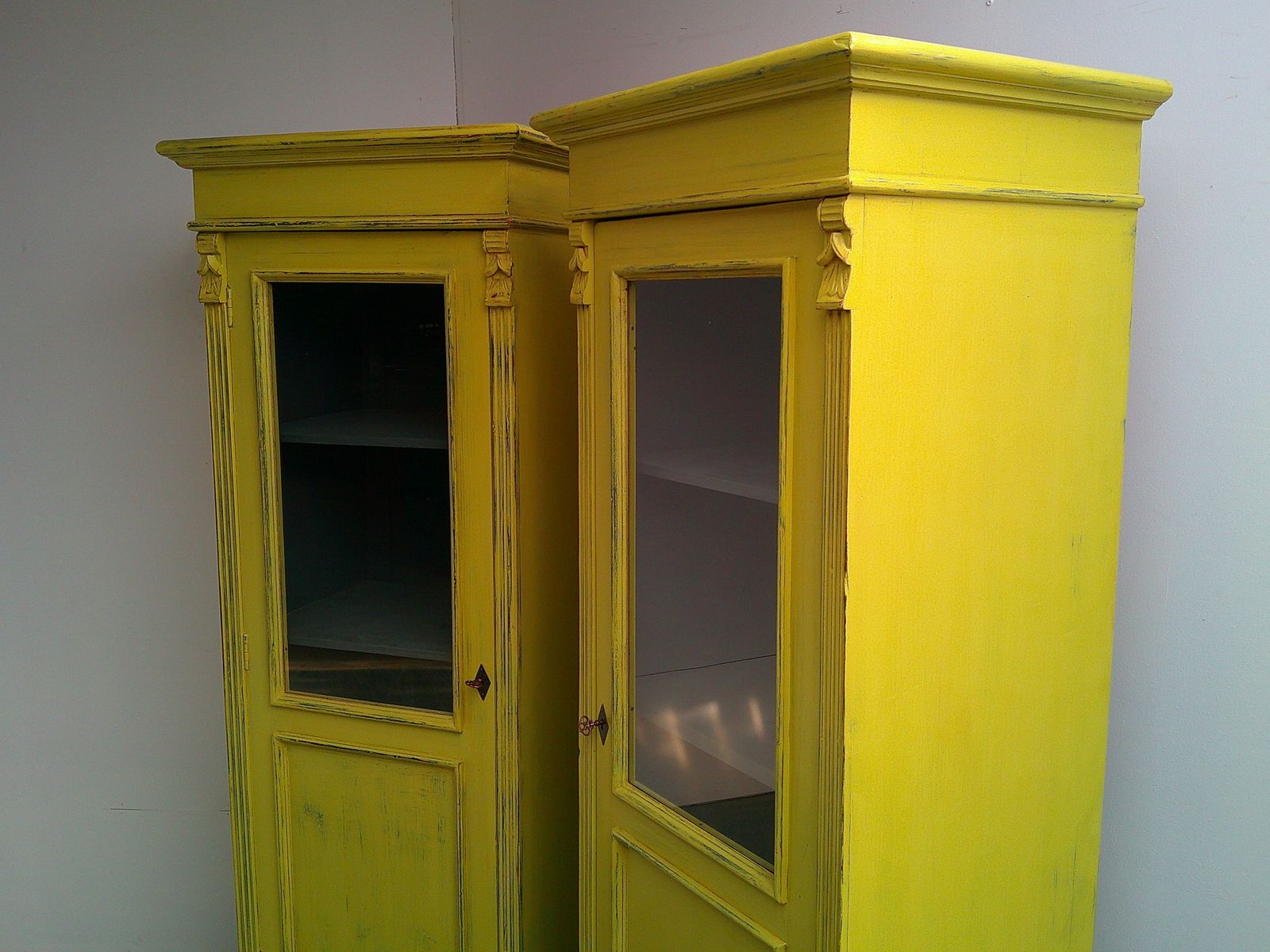 A Cracking Pair Of Yellow Antique Pine Kitchen / Bathroom Display Cabinets photo 1395.0