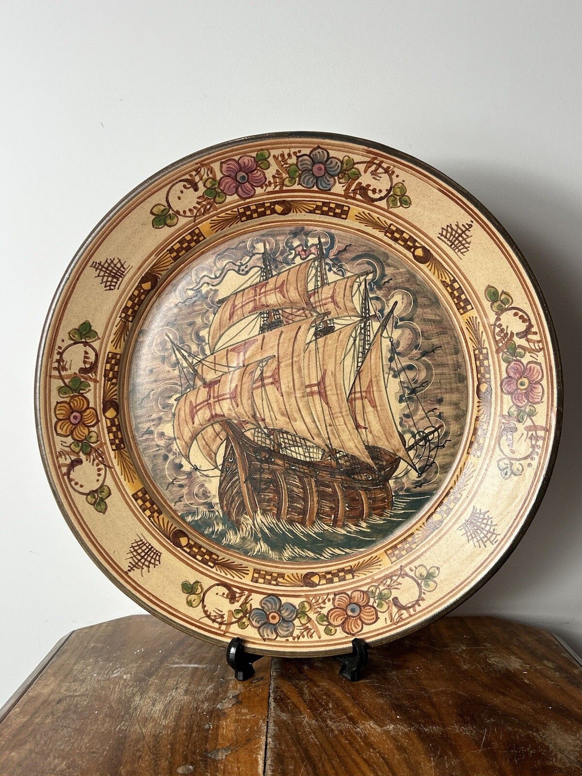 Large Charger Plate Portuguese Galleon Ship Hand Painted Algarve Portugal 15”