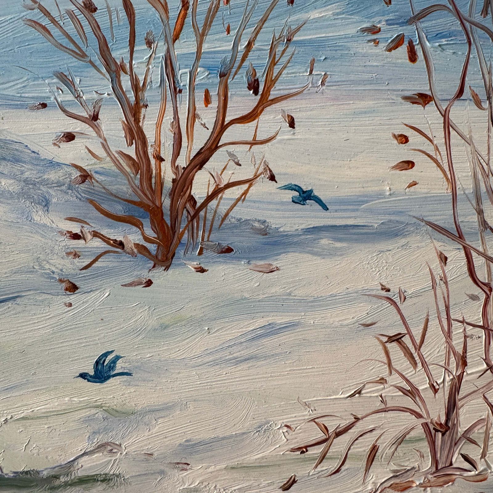 Two Birds Before Spring. Vintage Swedish Oil Painting. photo furniture