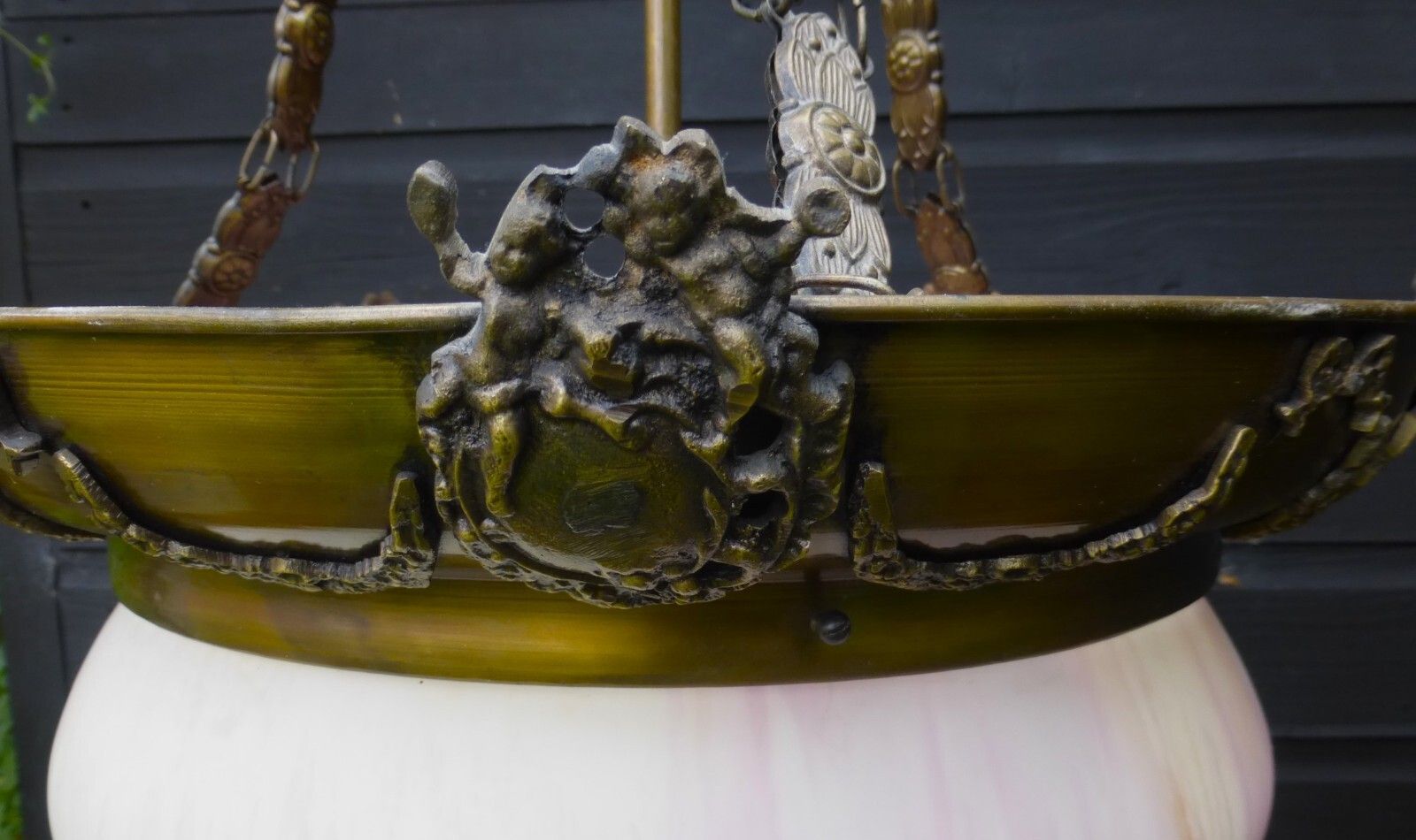 Art Deco Metal Cherubs Putti Pink /  Cream Flash Glass Plafonnier Ceiling Light photo for sale