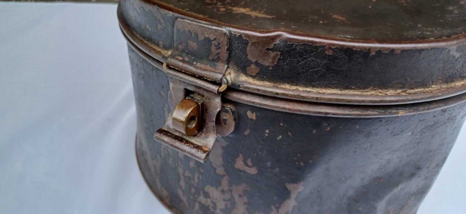 Antique Black Metal Hat Box, Rustic Industrial Storage Tin With Latch, 1920s Millinery Case, Steampunk Display Prop Decor photo furniture