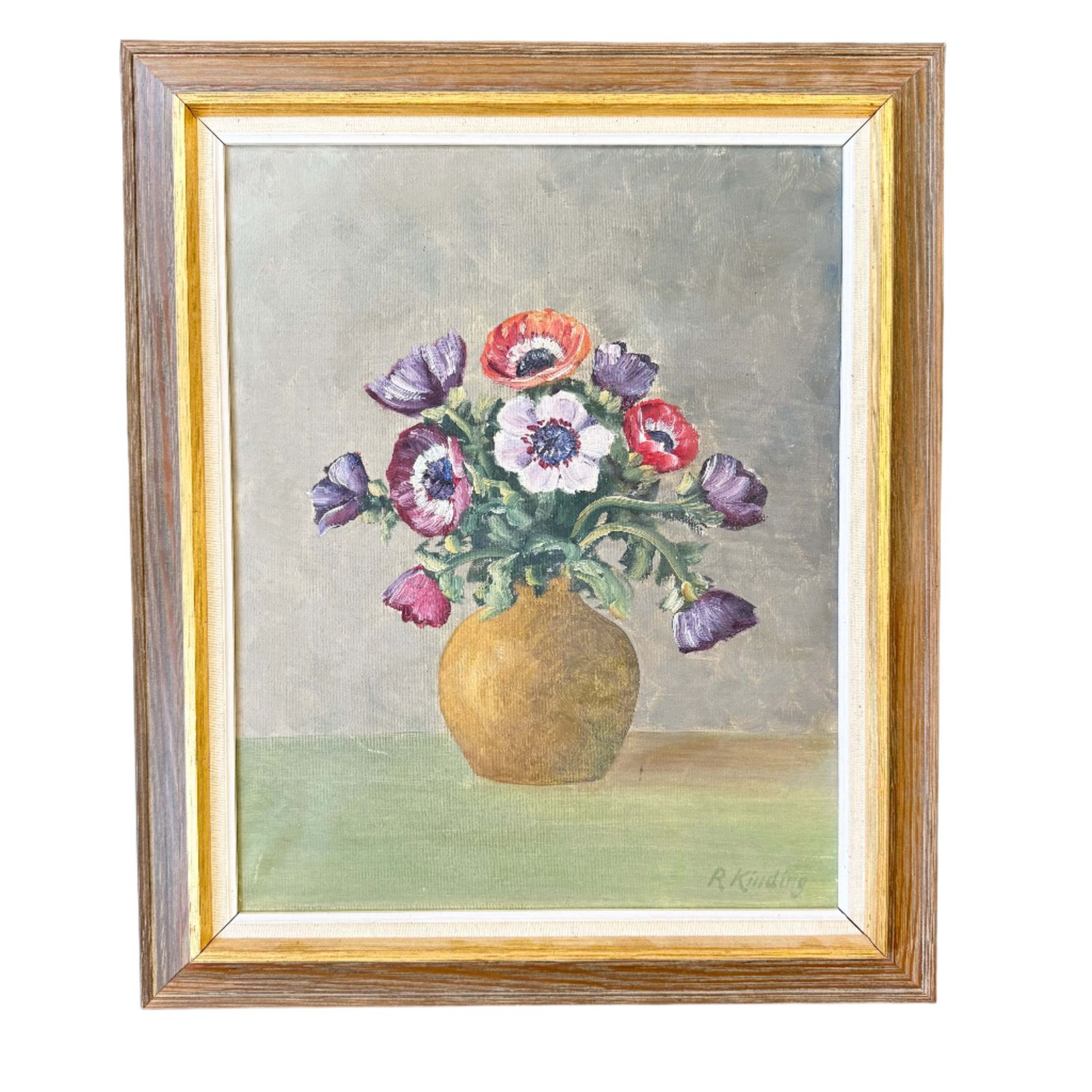 Anemones In Ochre Vase. Vintage Swedish Oil Painting.