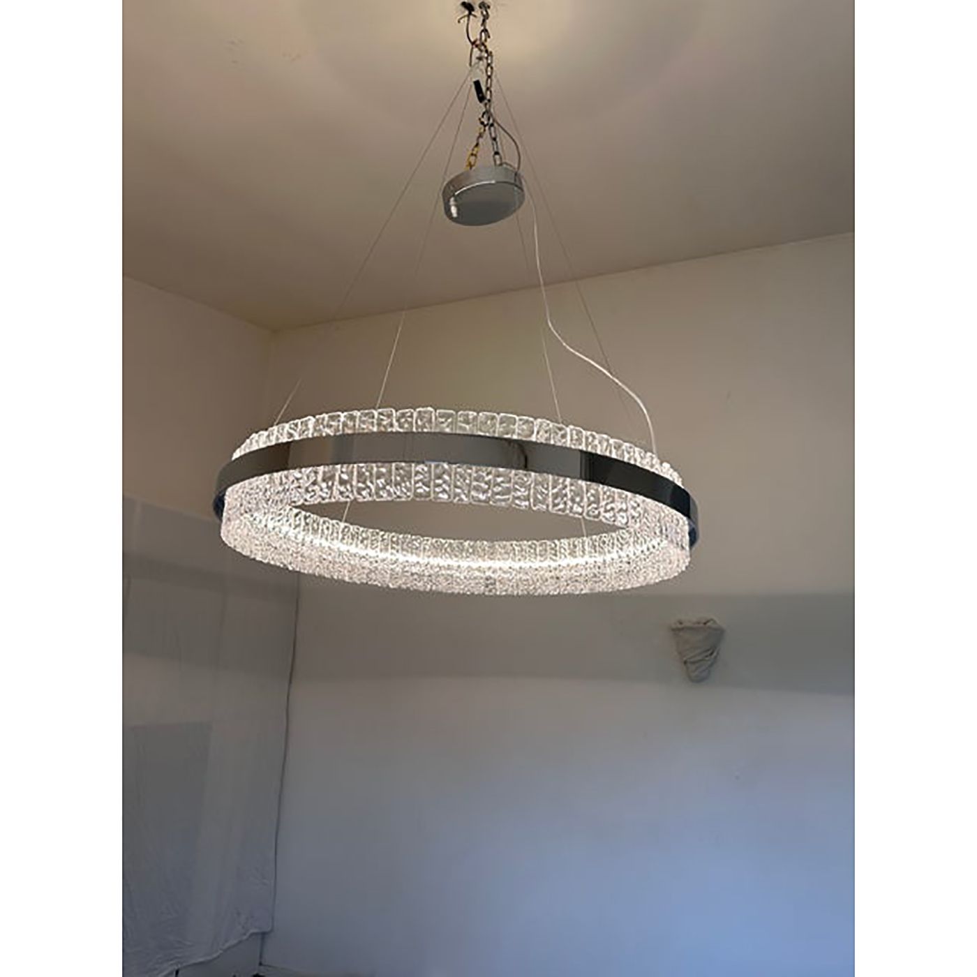 Chandelier Hammered Clear Glass In Polish Kromo Ring With Strip Led photo vinterior