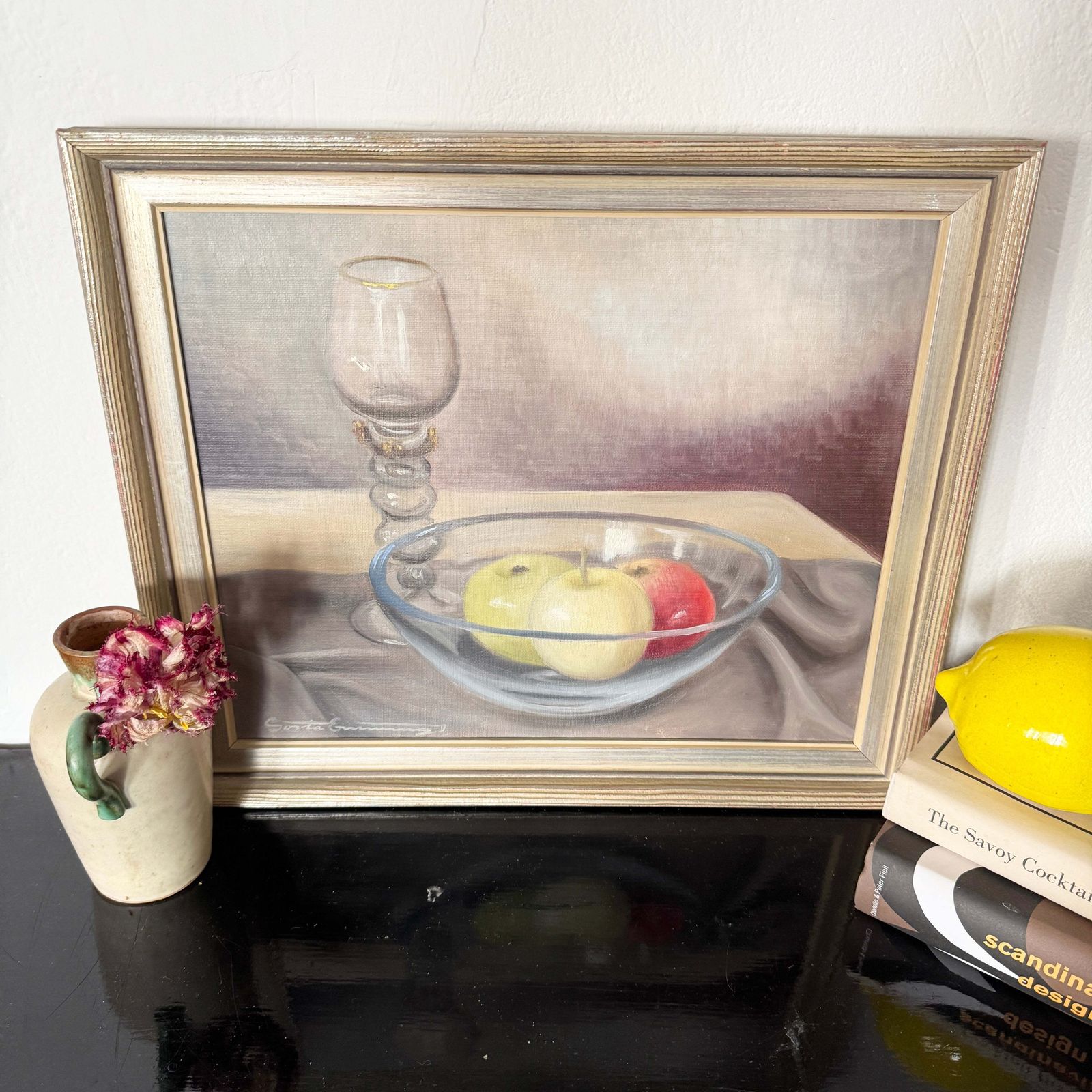 Threefold. Vintage Swedish Still Life Oil Painting. photo furniture