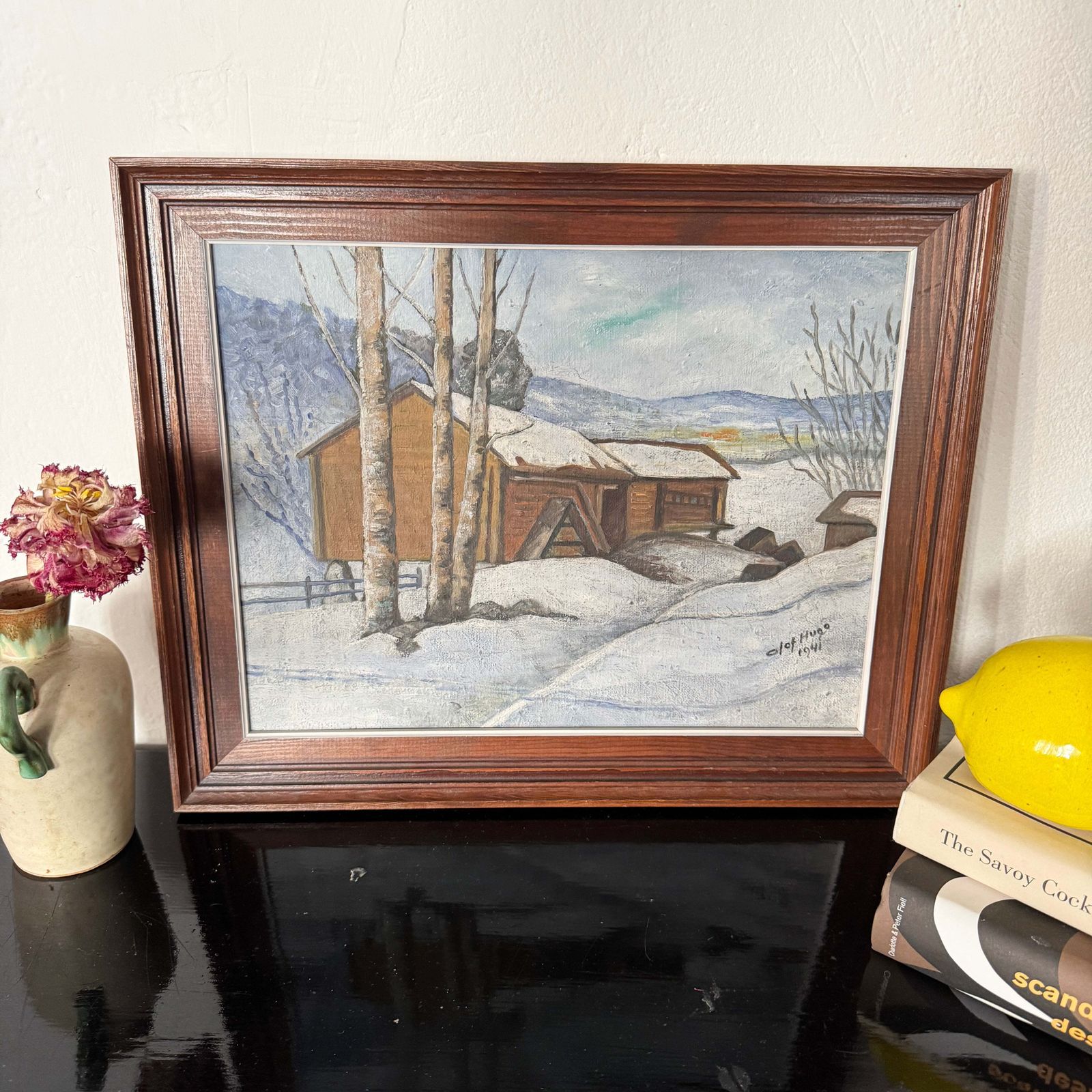 Winter Silence 1941. Vintage Swedish Oil Painting. photo furniture