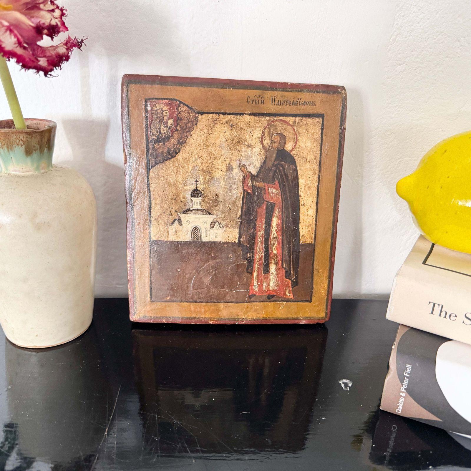 Saint Panteleimon In Prayer Before The Church. 19th Century Icon On Wood. photo furniture