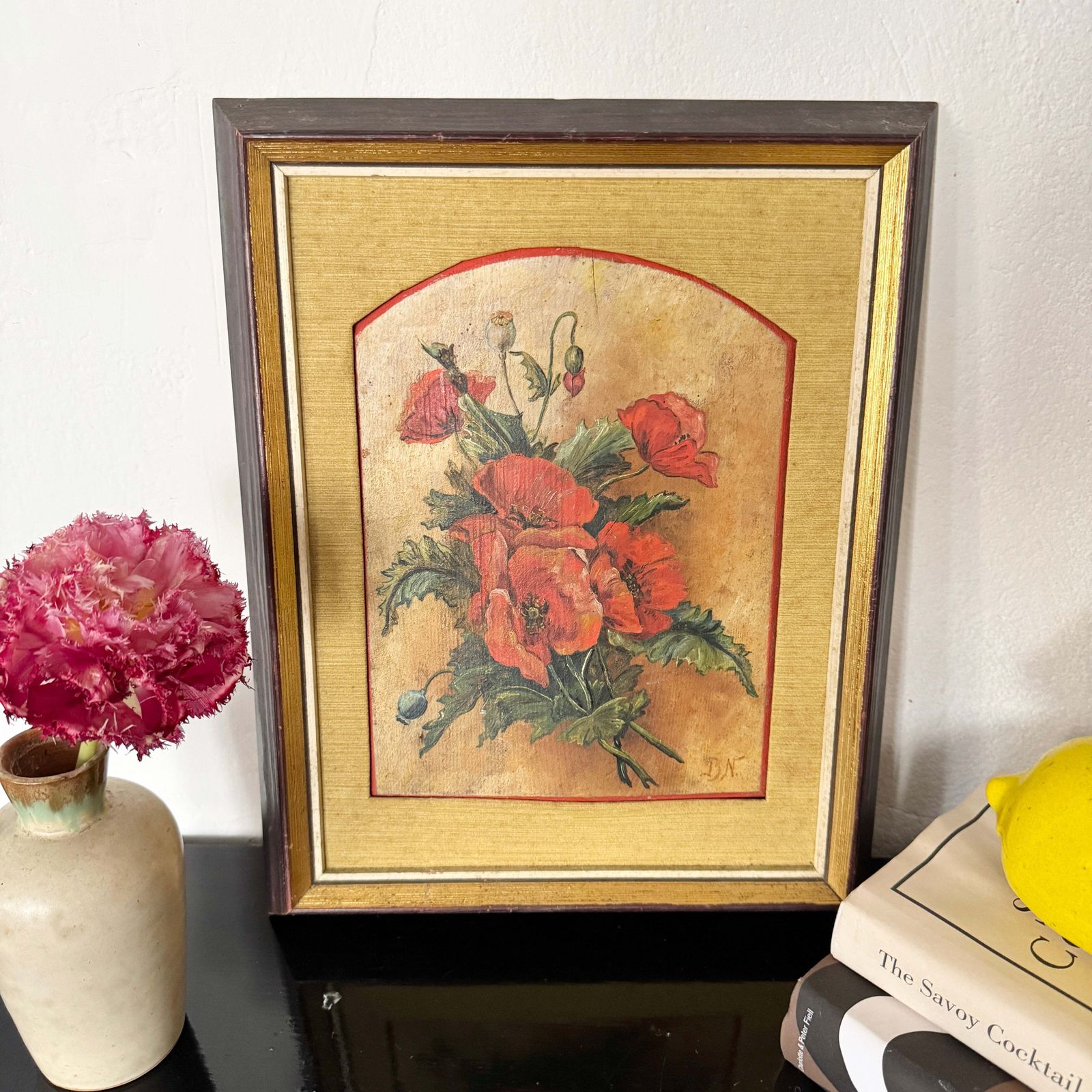 The Poppy Bouquet. Vintage Swedish Oil Painting photo furniture