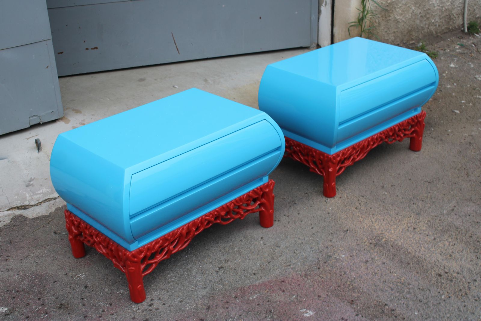 4672.0 Pair Of Arpex Bedside Tables 1970 Italy Turquoise And Coral Red 1970 Italy photo