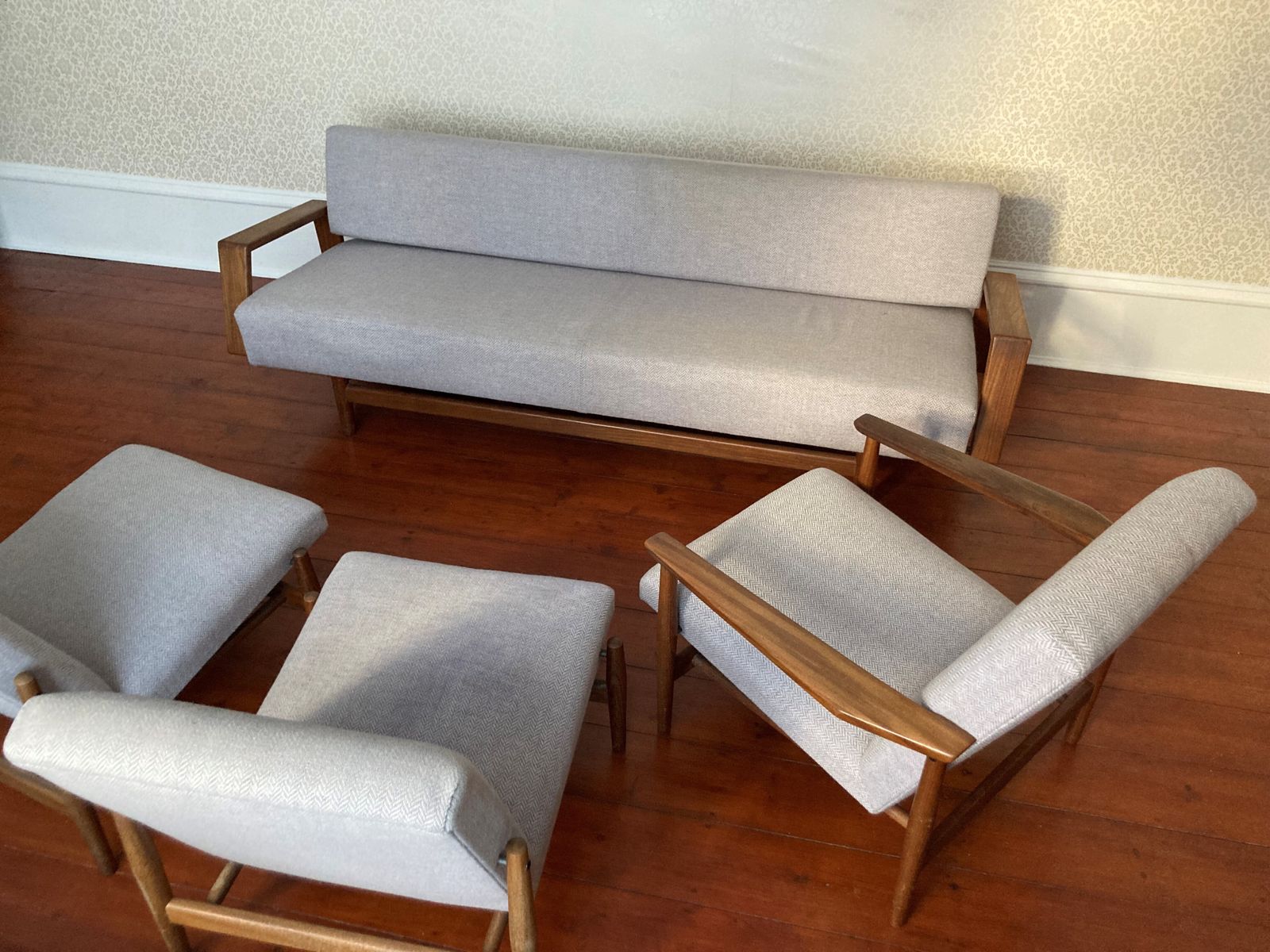 photo for sale Rare Set Of Three Mid Century Danish Lounge Chairs, One With Arms