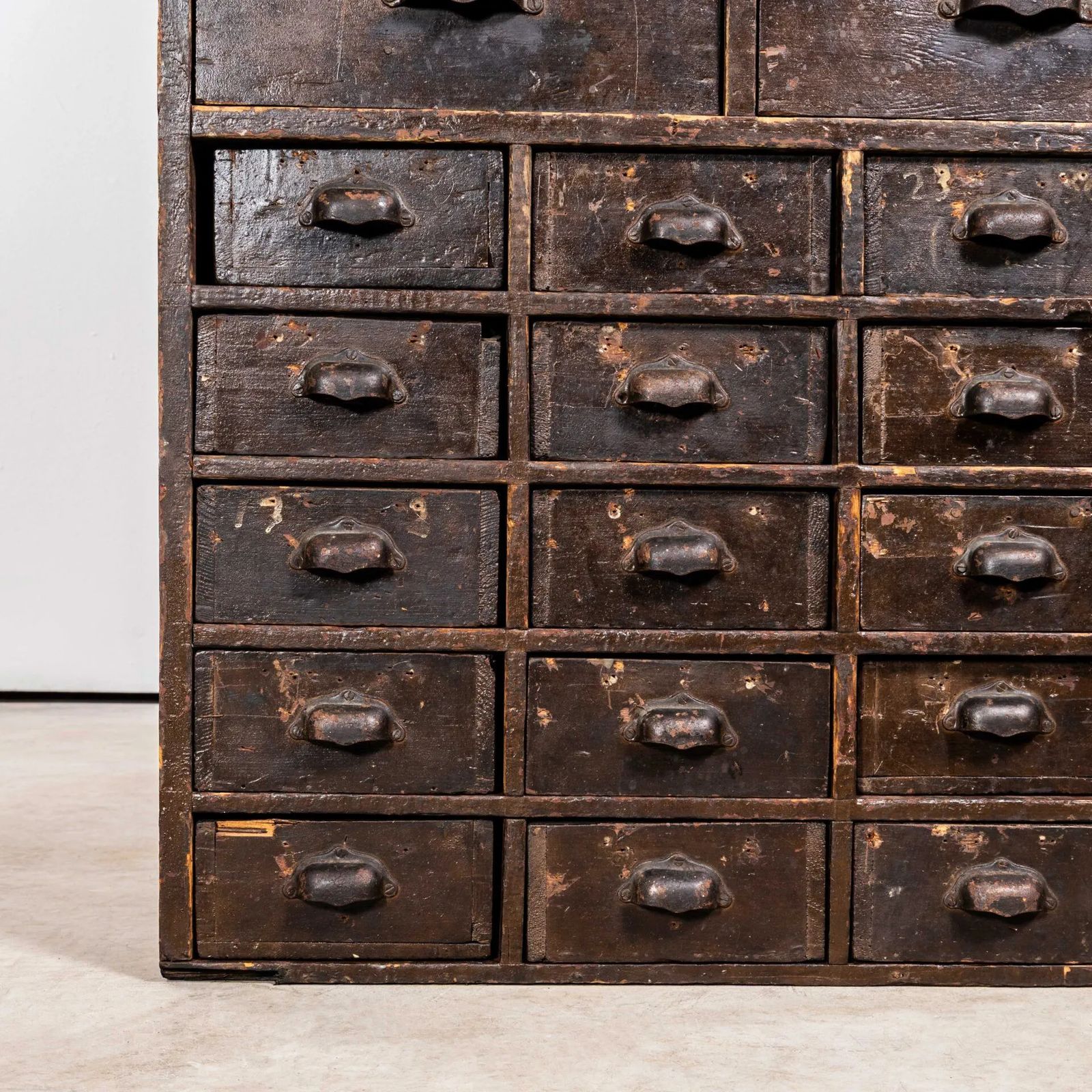 1940’s Tall French Workshop Shelving Unit – Thirty Four Drawers photo for sale