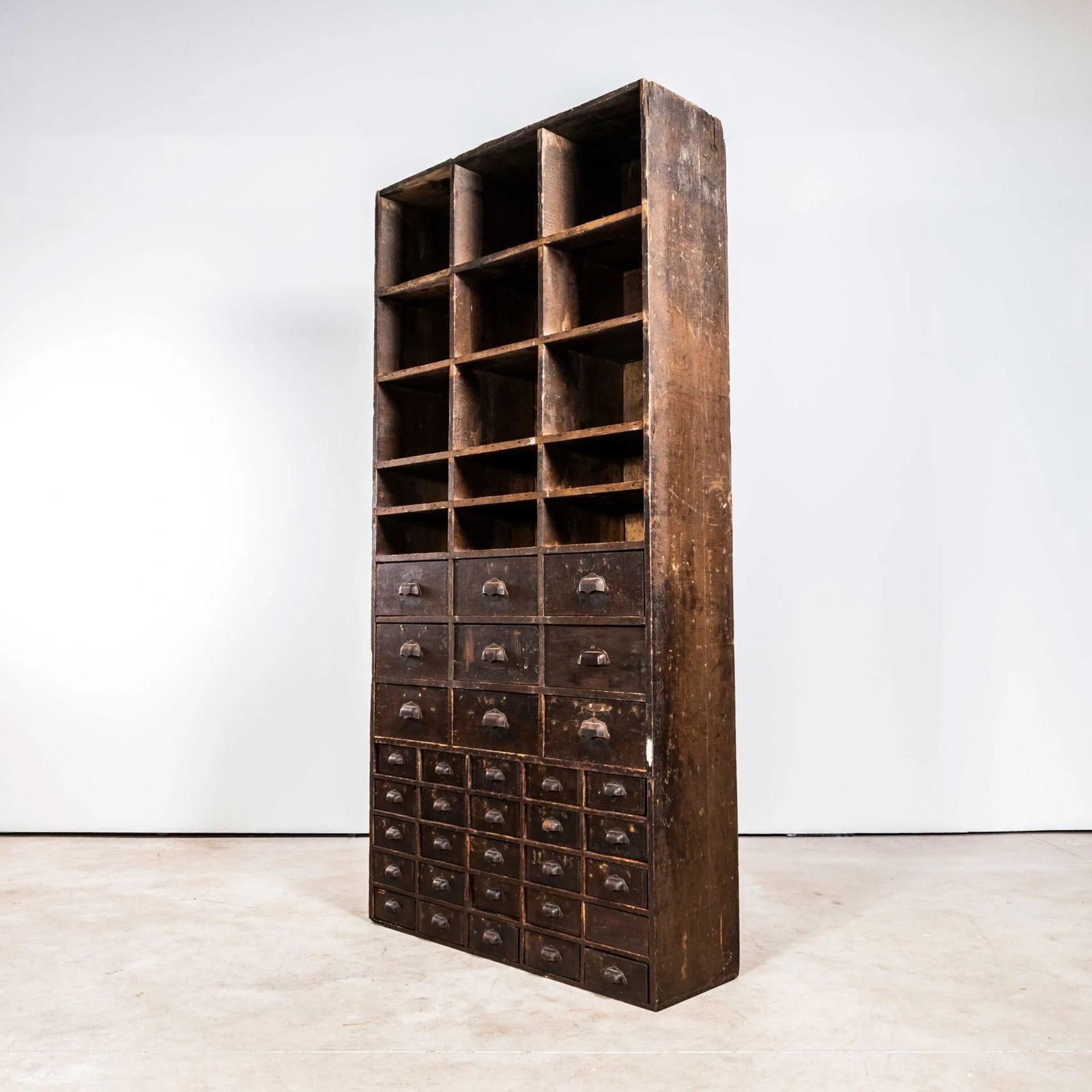 1940’s Tall French Workshop Shelving Unit – Thirty Four Drawers photo Furniture