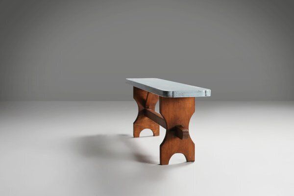 Art Deco Rustic Wooden Bench With Blue Top, France, 1930s photo 764.0