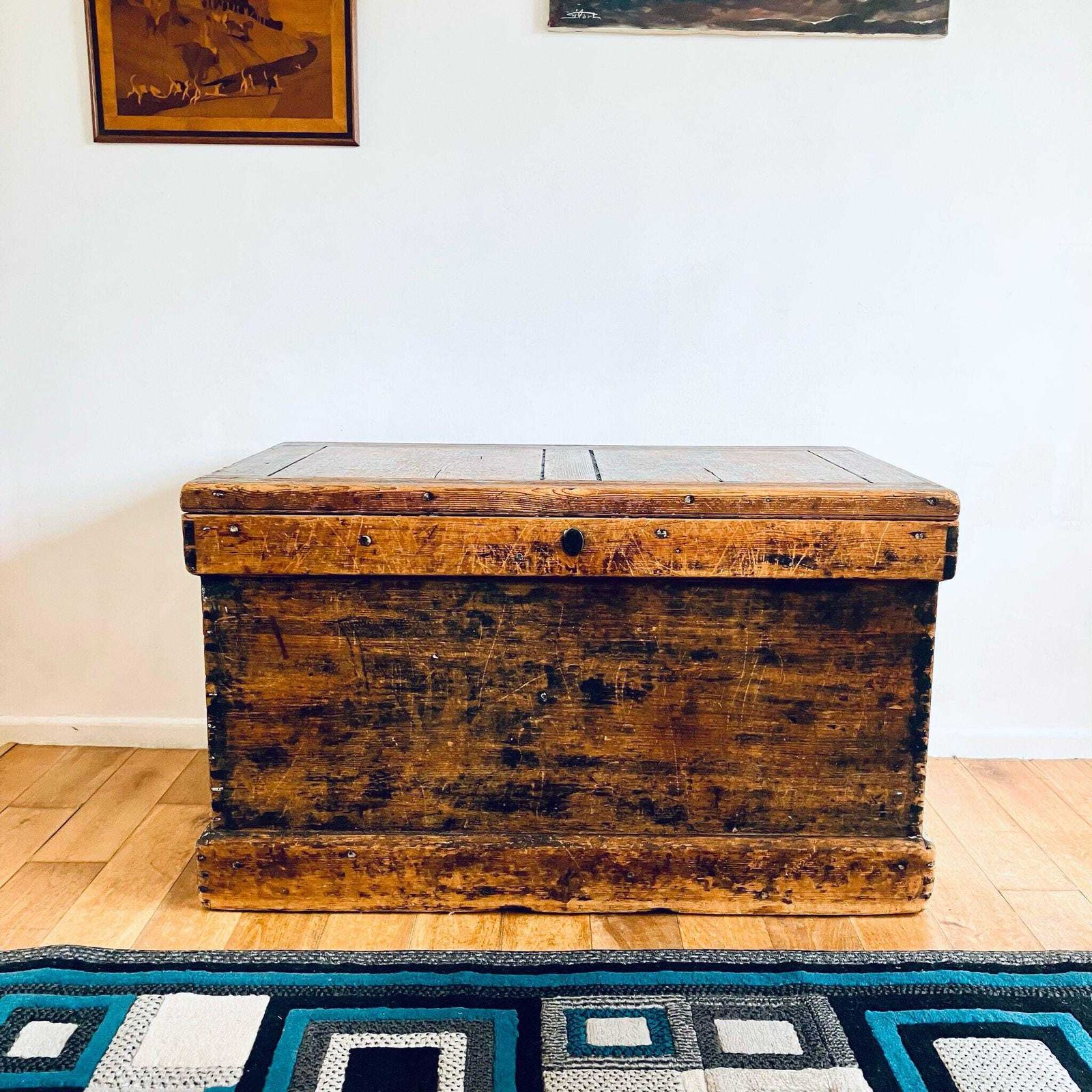 Rare Exquisite Antique Distressed Pine Chest Trunk Large Storage Chest Unique 103cm