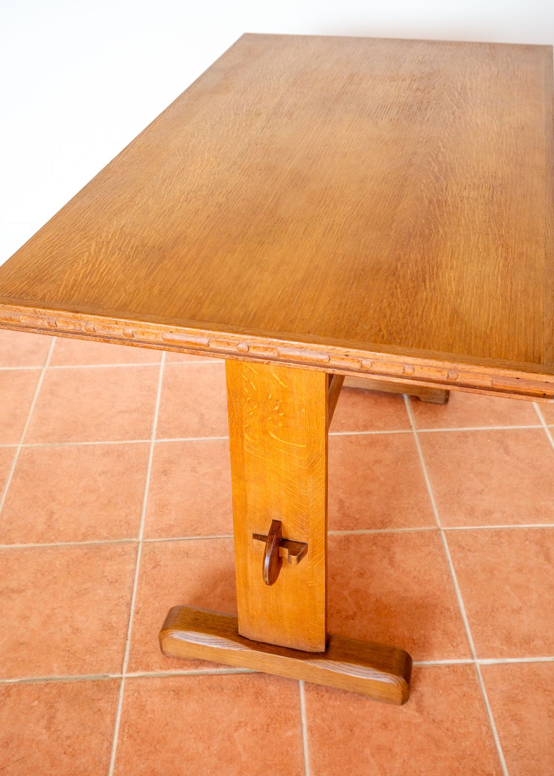 Light Red Oak Refectory Trestle Table Cotswold School Arts And Crafts Heals Bedroom Side Dining Tabl.E Rustic Farmhouse Antiqu.E photo for sale