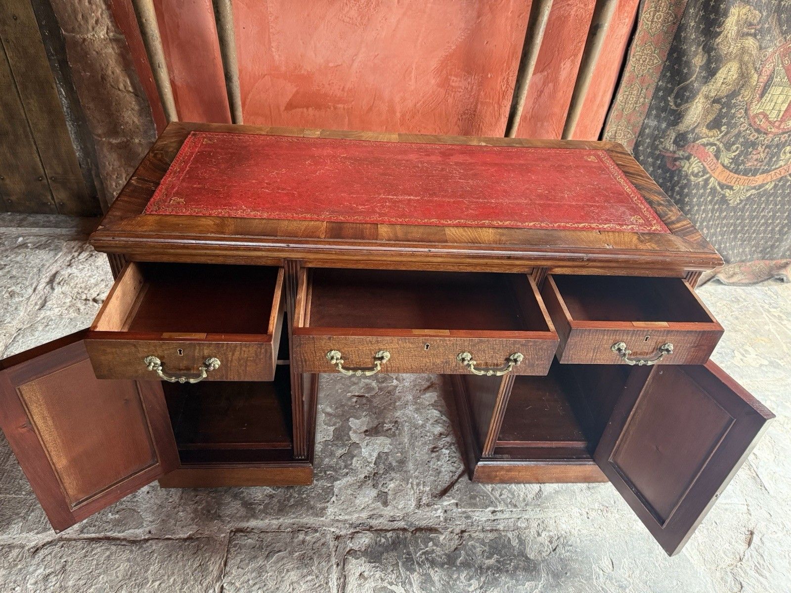 Original English Antique Mahogany Red  Leather Office Pedestal Desk Circa 1800's photo 799.0