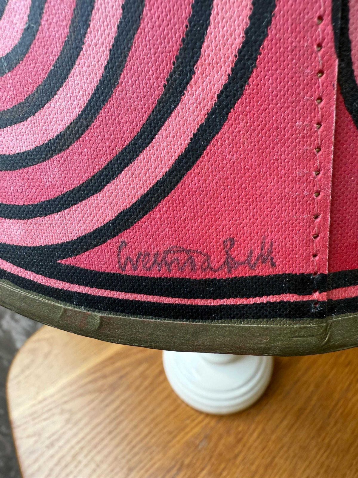 Hand Painted Pink Canvas Lampshade   Cressida Bell Signed Retro Pop Art Concentric Circles 90s Bold Lighting Shade Boho Decor photo Lighting