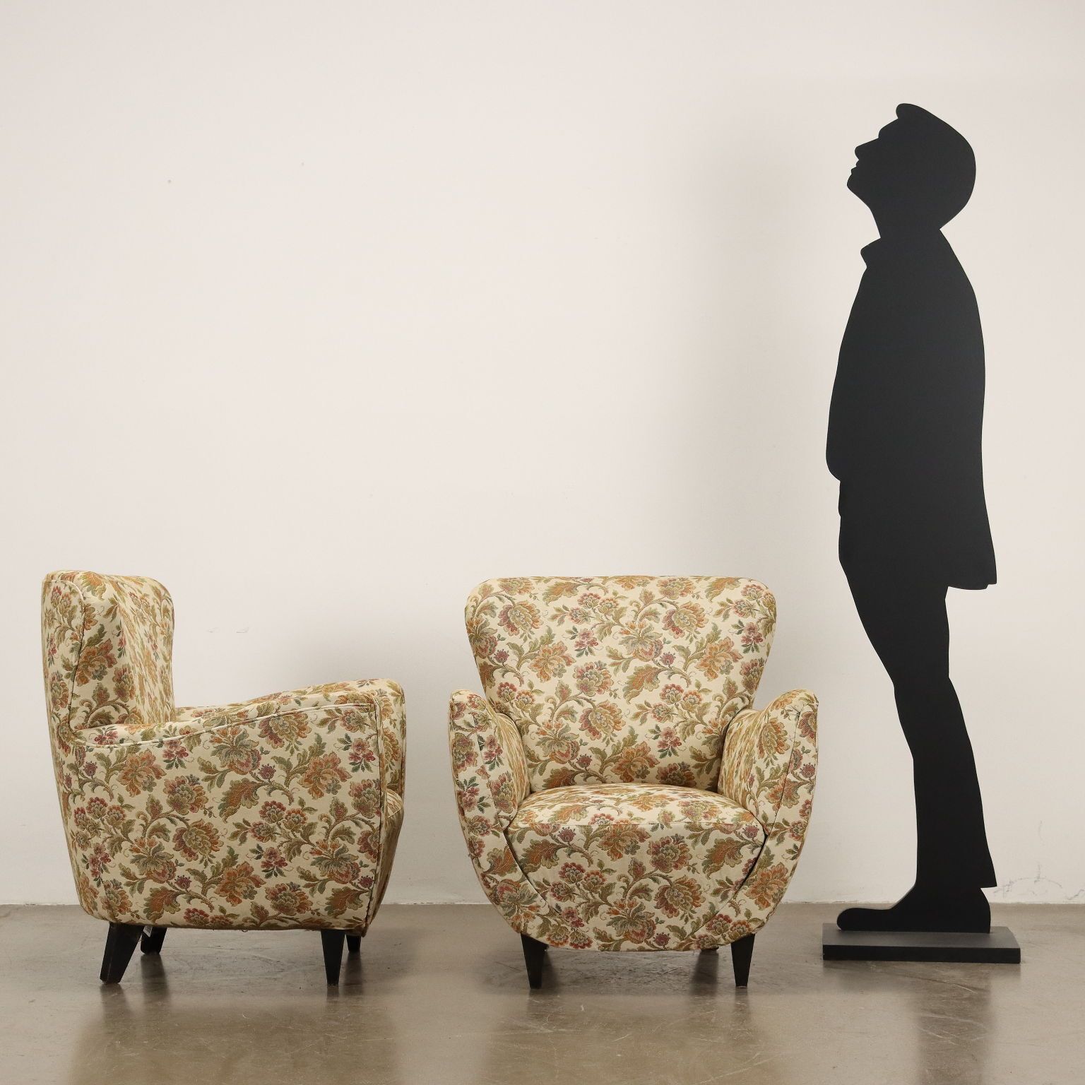 Vintage Armchairs Jacquard Fabric Wood Design Italy 1950s photo for sale