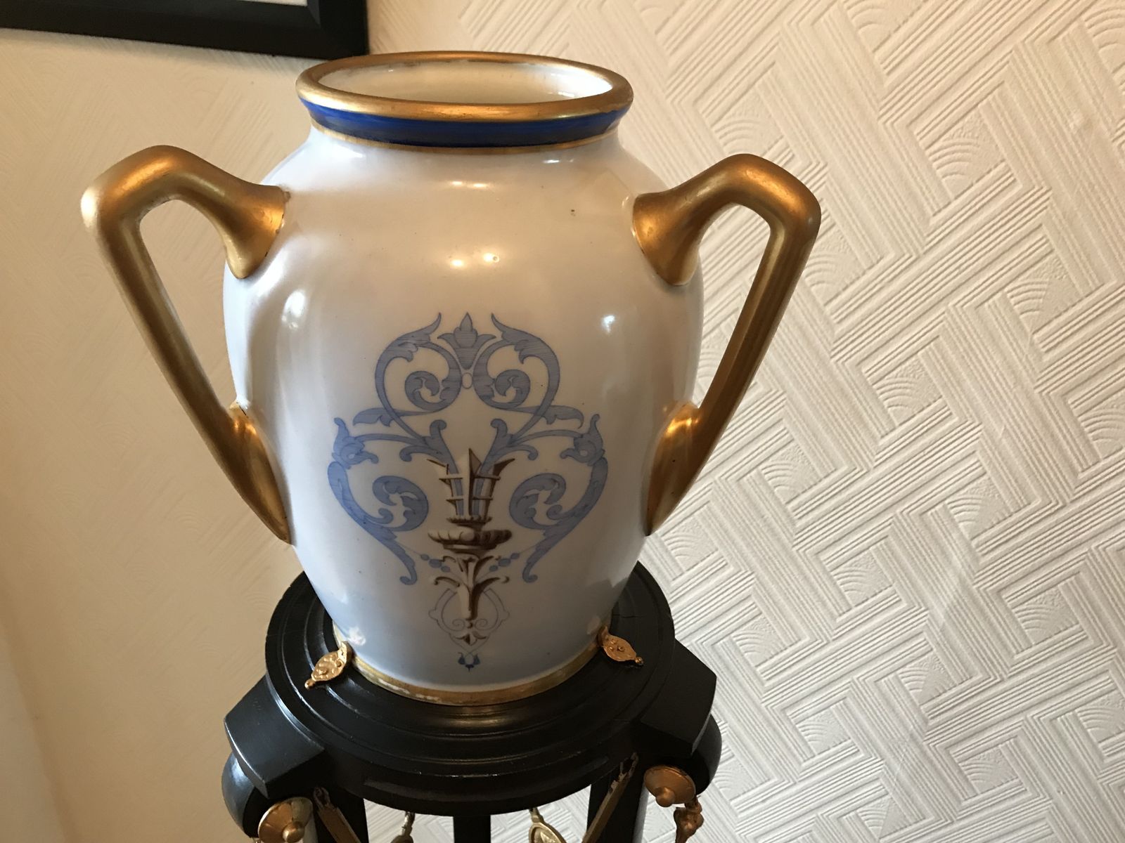 Pair Ebonised And Gilt Metal French Empire Style Athenienne Stands With Porcelain Amphora Vases photo vinterior