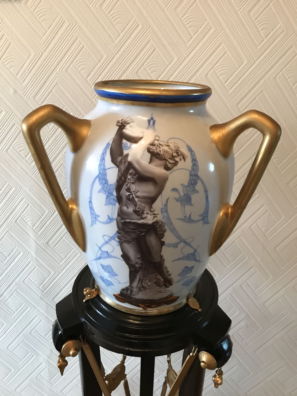 photo for sale Pair Ebonised And Gilt Metal French Empire Style Athenienne Stands With Porcelain Amphora Vases