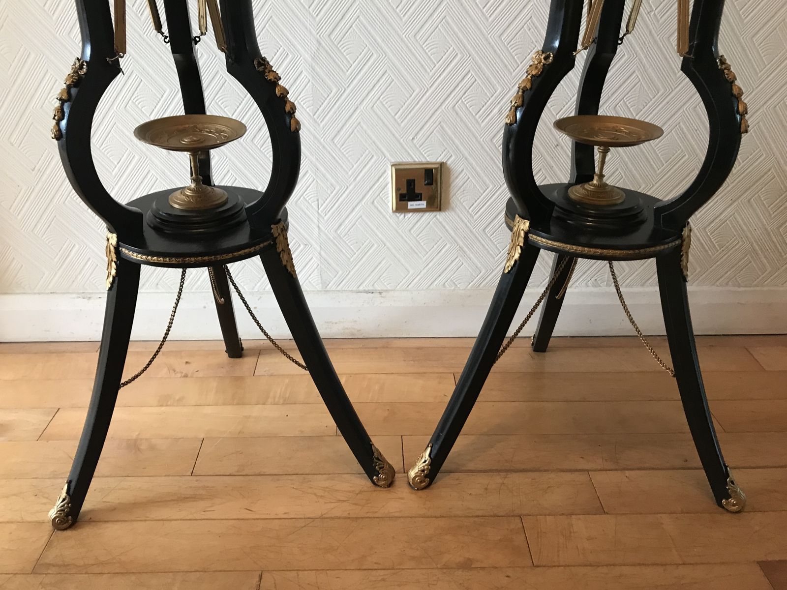 Home Decor Pair Ebonised And Gilt Metal French Empire Style Athenienne Stands With Porcelain Amphora Vases photo