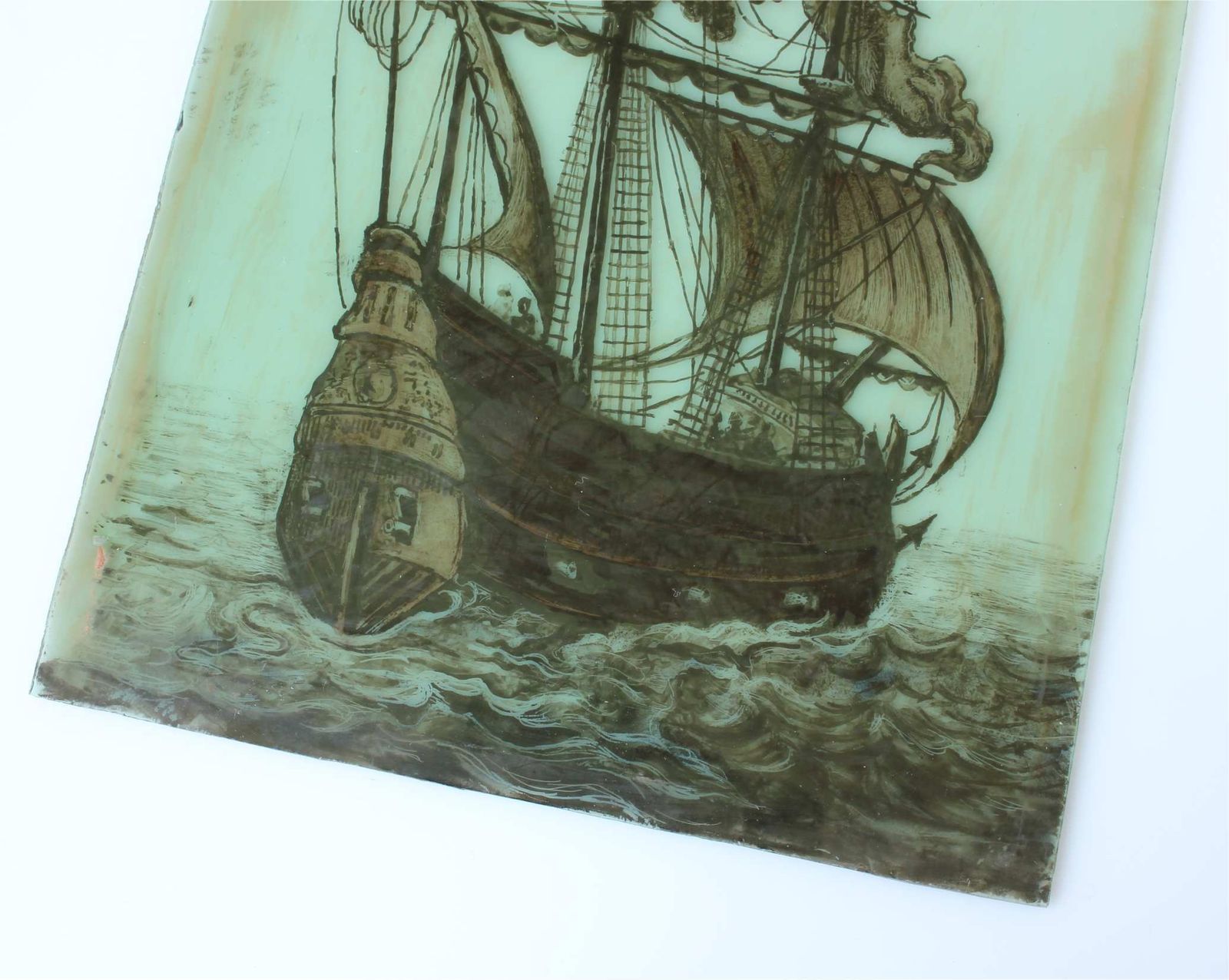 photo for sale Stained Glass Window. Galleon Sailing Ship Nautical Panel. 17th Century.