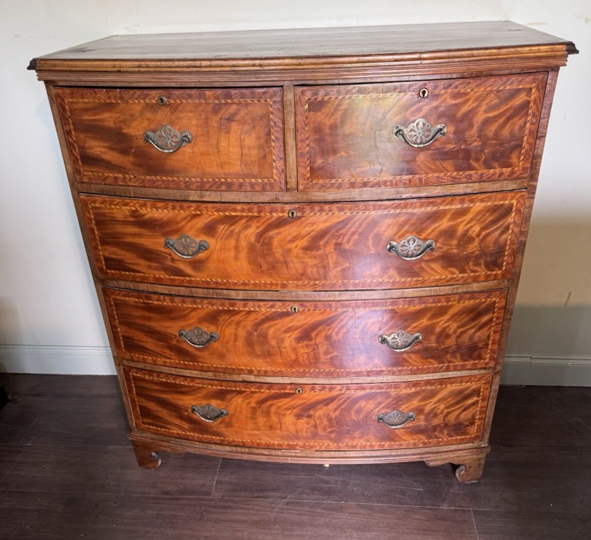 19th Century Mahogany And Inlaid Bow Fronted Chest Of Drawers