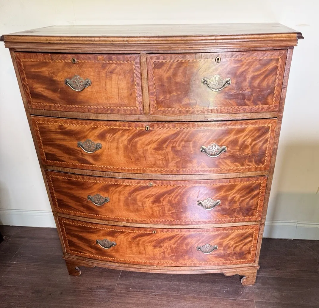 19th Century Mahogany And Inlaid Bow Fronted Chest Of Drawers photo buy