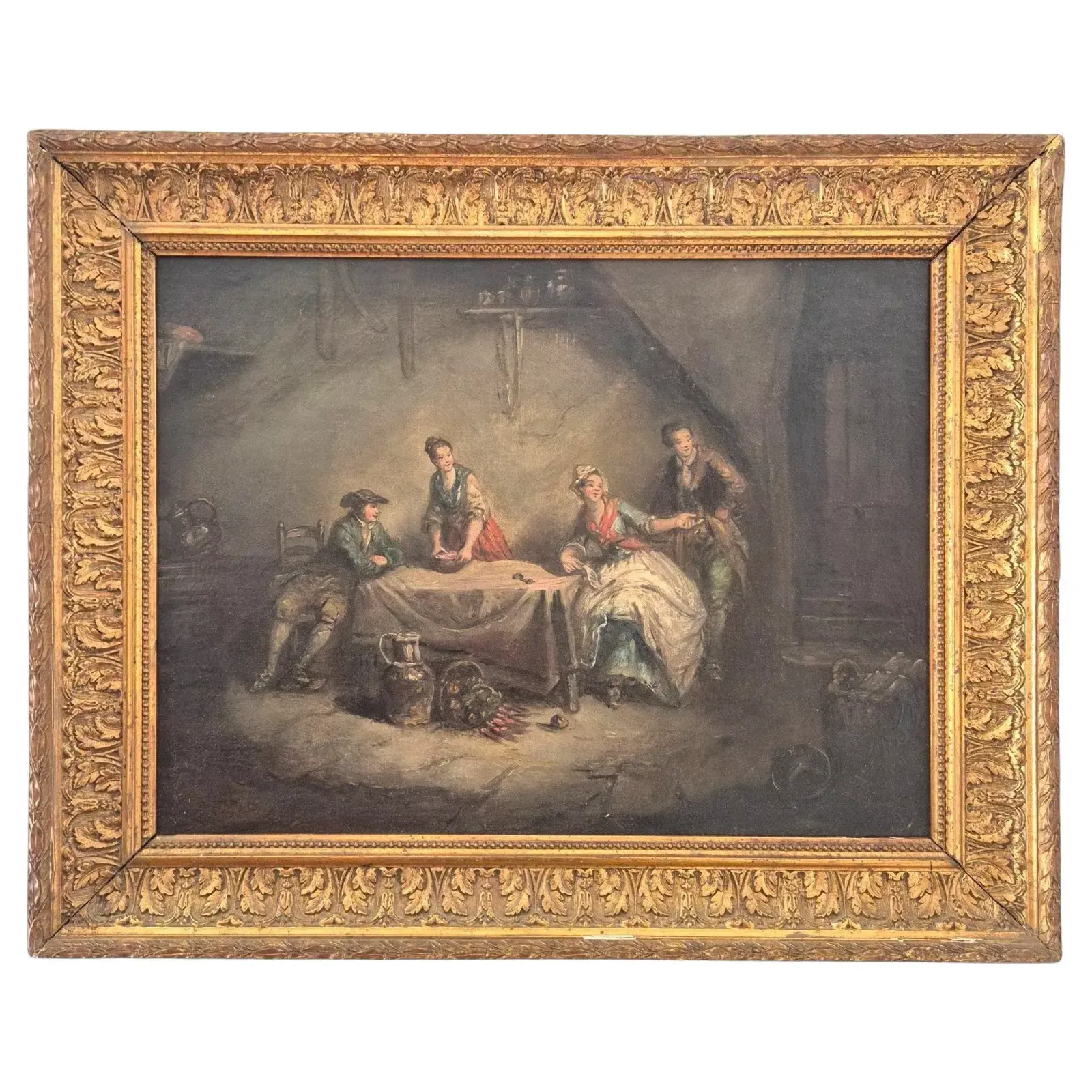 Daily Scene Of Servants, Oil On Canvas, 19th Century photo vintage