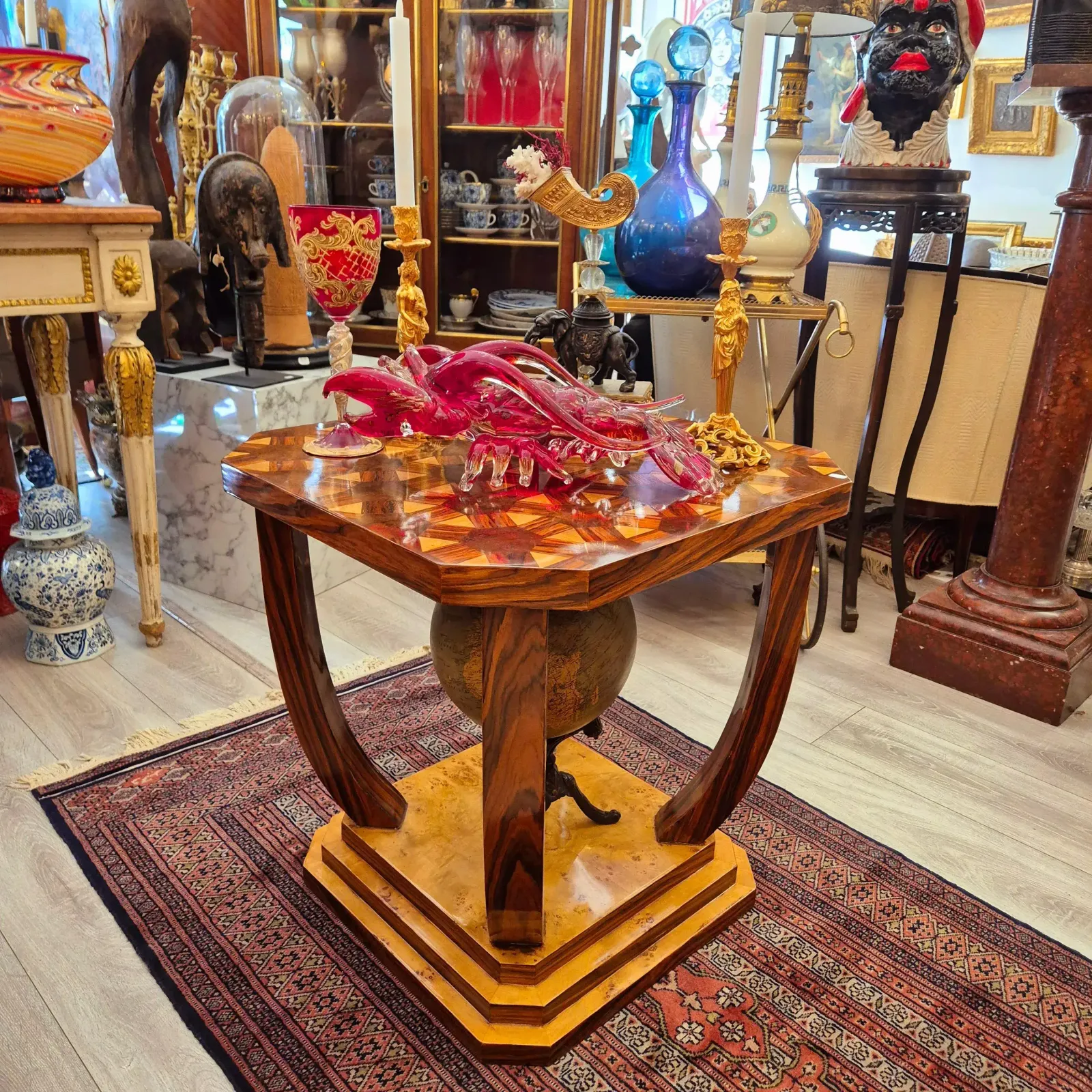 Art Deco Style Pedestal Table With Wooden Marquetry, Circa 1980