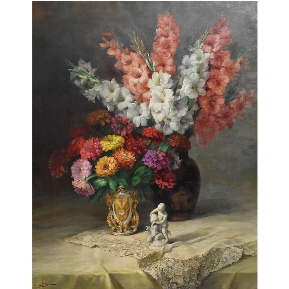 Beautiful Flower Paintings, Irises And Gerberas, Oil On Canvas, Julien Stappers, XX Century. photo for sale
