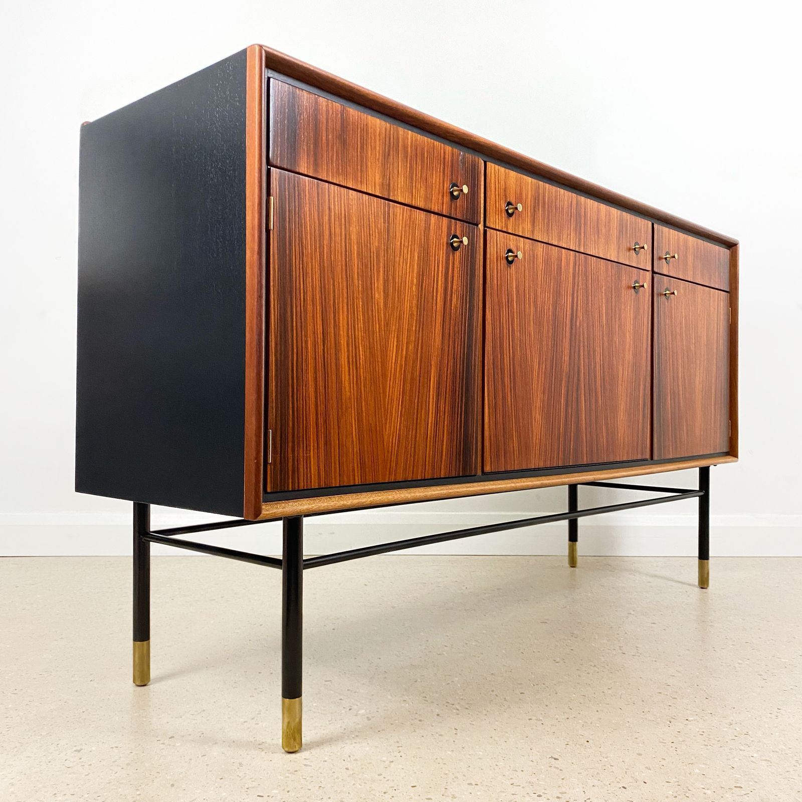 Mid Century Cocktail Bar Drinks Cabinet By Heal's In Rosewood And Brass With Black & Gold Jackson Pollock Paint Effect photo Furniture