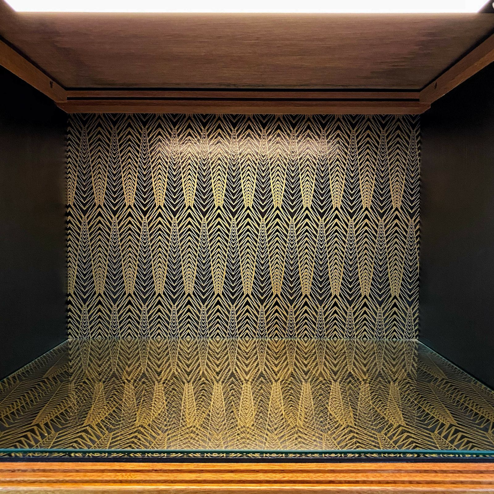 Mid Century Sideboard By Jentique In Teak Rosewood Tola With Black And Gold Chevron Design And Light photo for sale