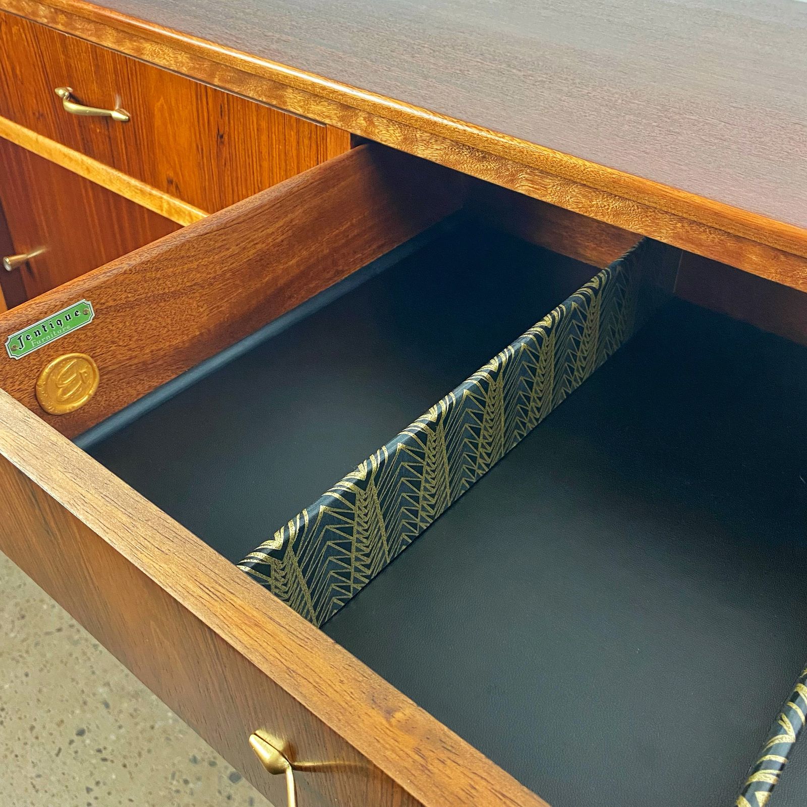 Mid Century Sideboard By Jentique In Teak Rosewood Tola With Black And Gold Chevron Design And Light photo Furniture
