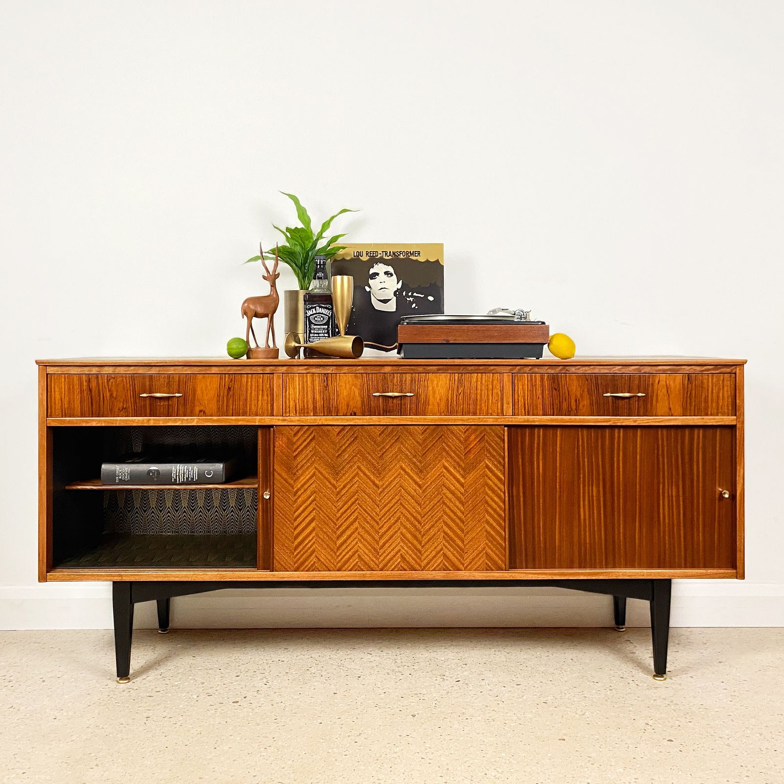 Mid Century Sideboard By Jentique In Teak Rosewood Tola With Black And Gold Chevron Design And Light photo vintage