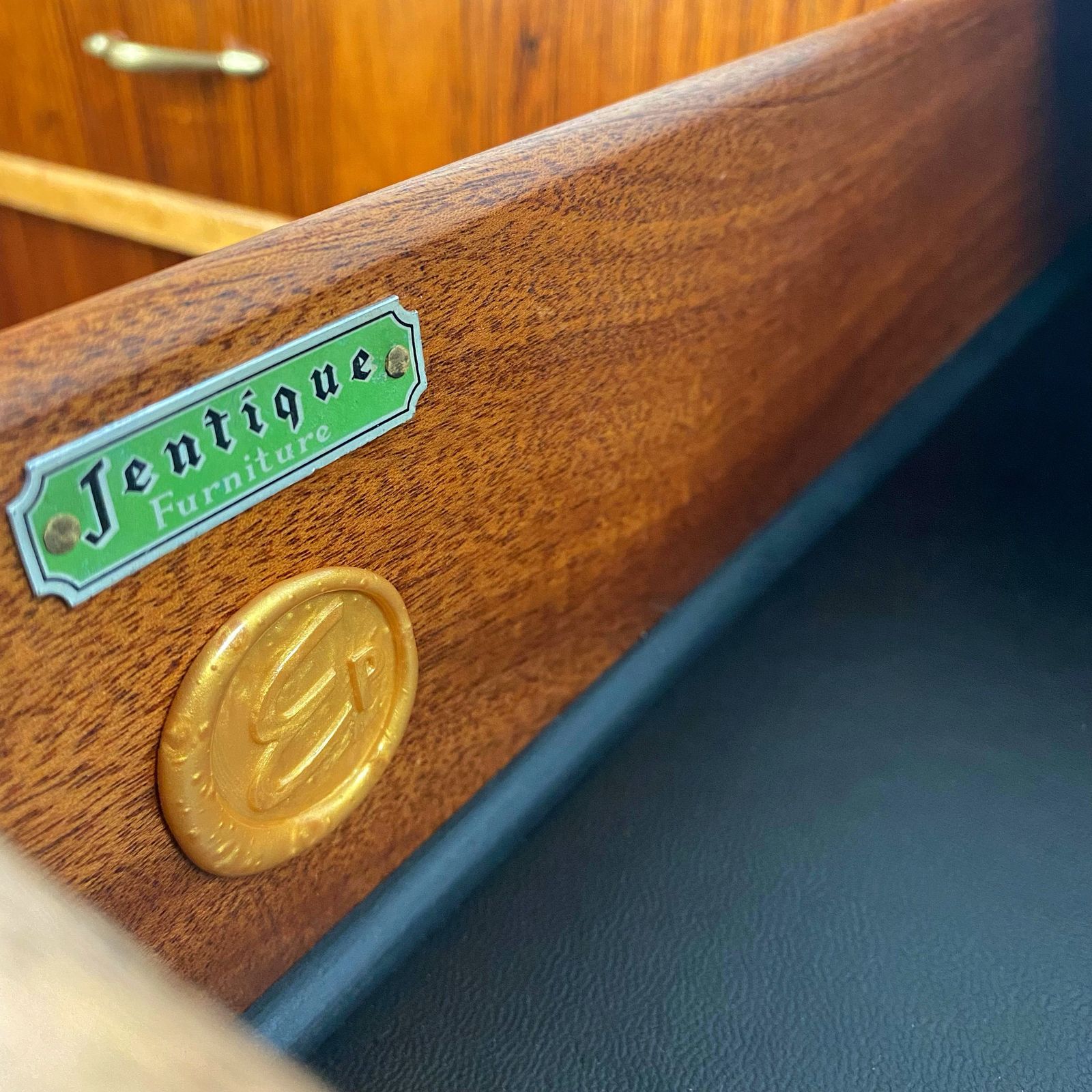 photo vinterior Mid Century Sideboard By Jentique In Teak Rosewood Tola With Black And Gold Chevron Design And Light