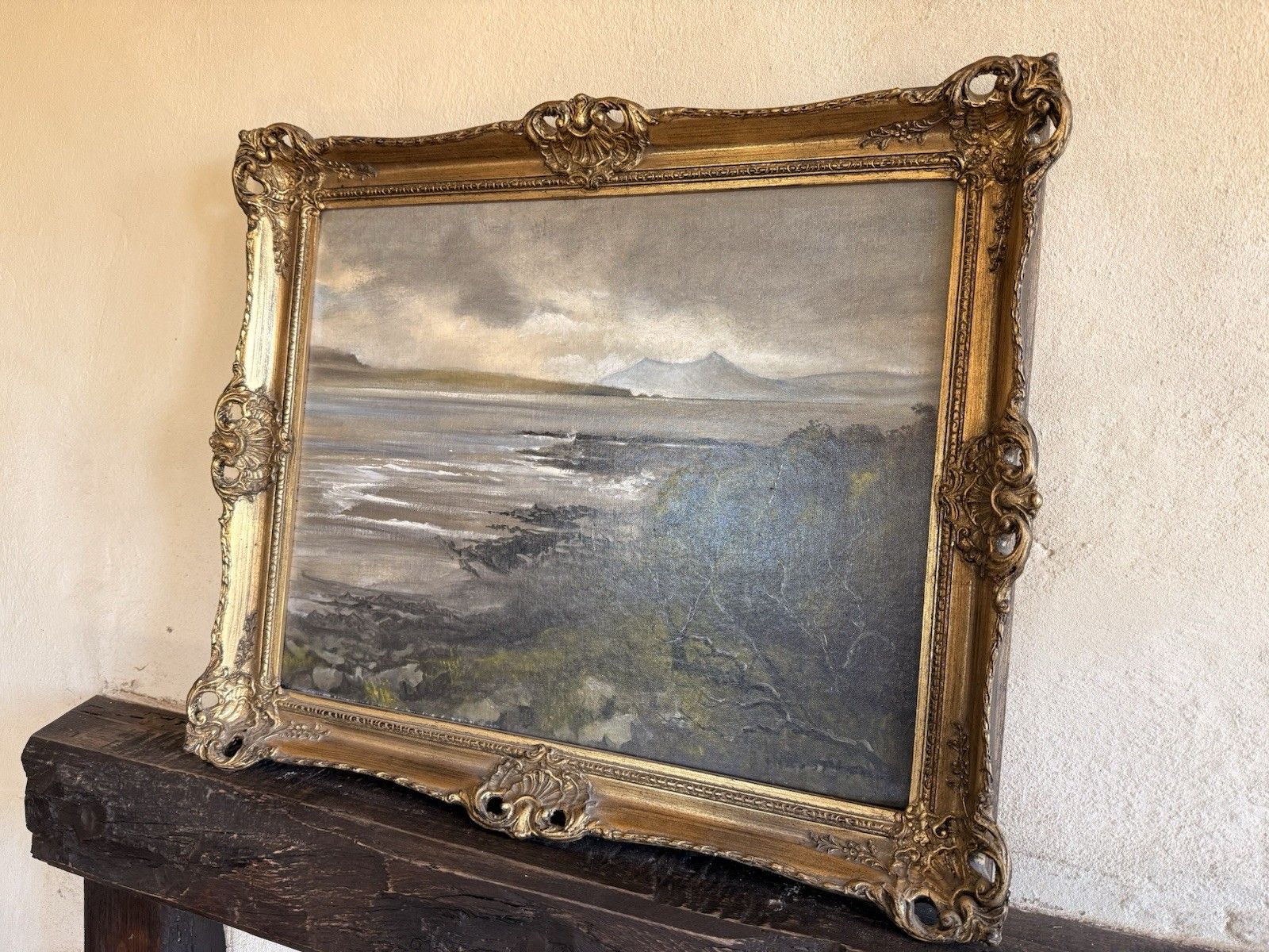Antique Ornate Gilt Gold Landscape Signed Waves Wooden Wall  Framed Oil Painting photo Art