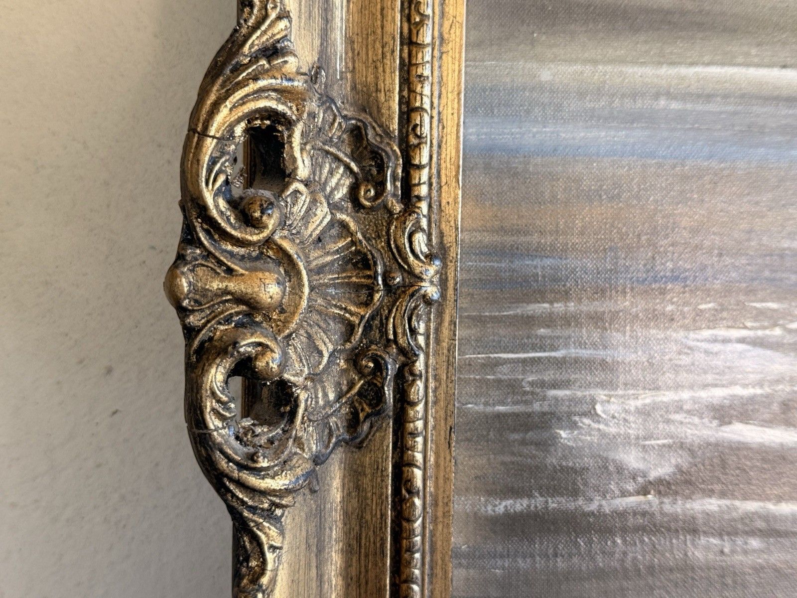 Antique Ornate Gilt Gold Landscape Signed Waves Wooden Wall  Framed Oil Painting photo vintage