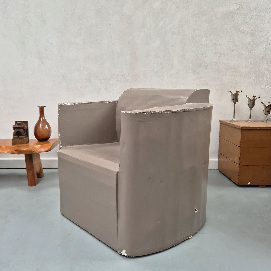 1980's Postmodern Cardboard Armchair: Brutalist Modernist Mid Century Style