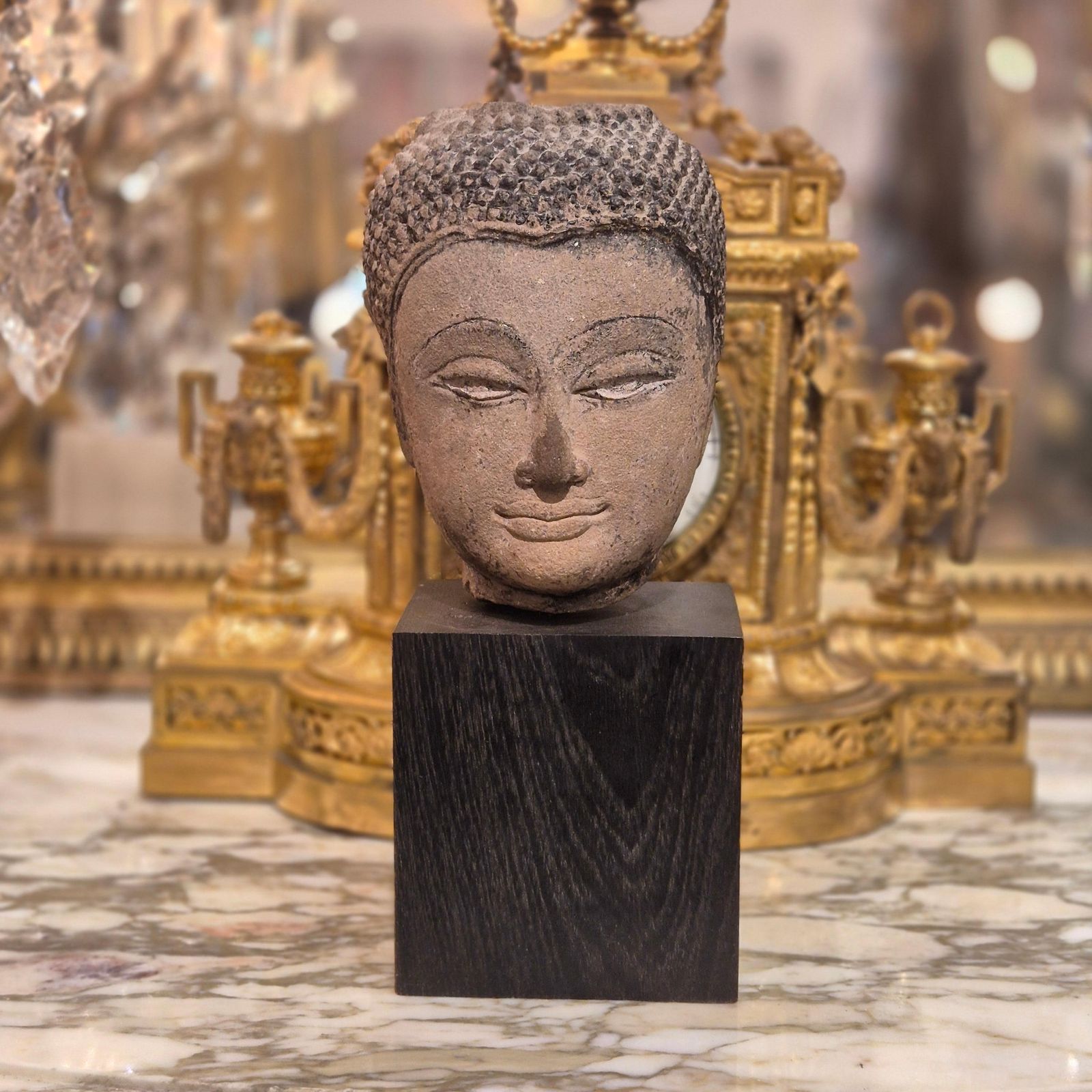 Shakyamuni Buddha Head In Sandstone, Thailand, Ayutthaya, 17th Century photo furniture