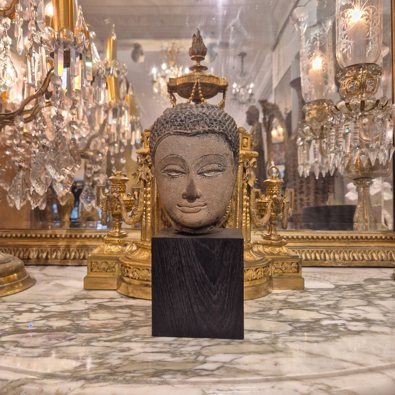 Shakyamuni Buddha Head In Sandstone, Thailand, Ayutthaya, 17th Century photo vintage