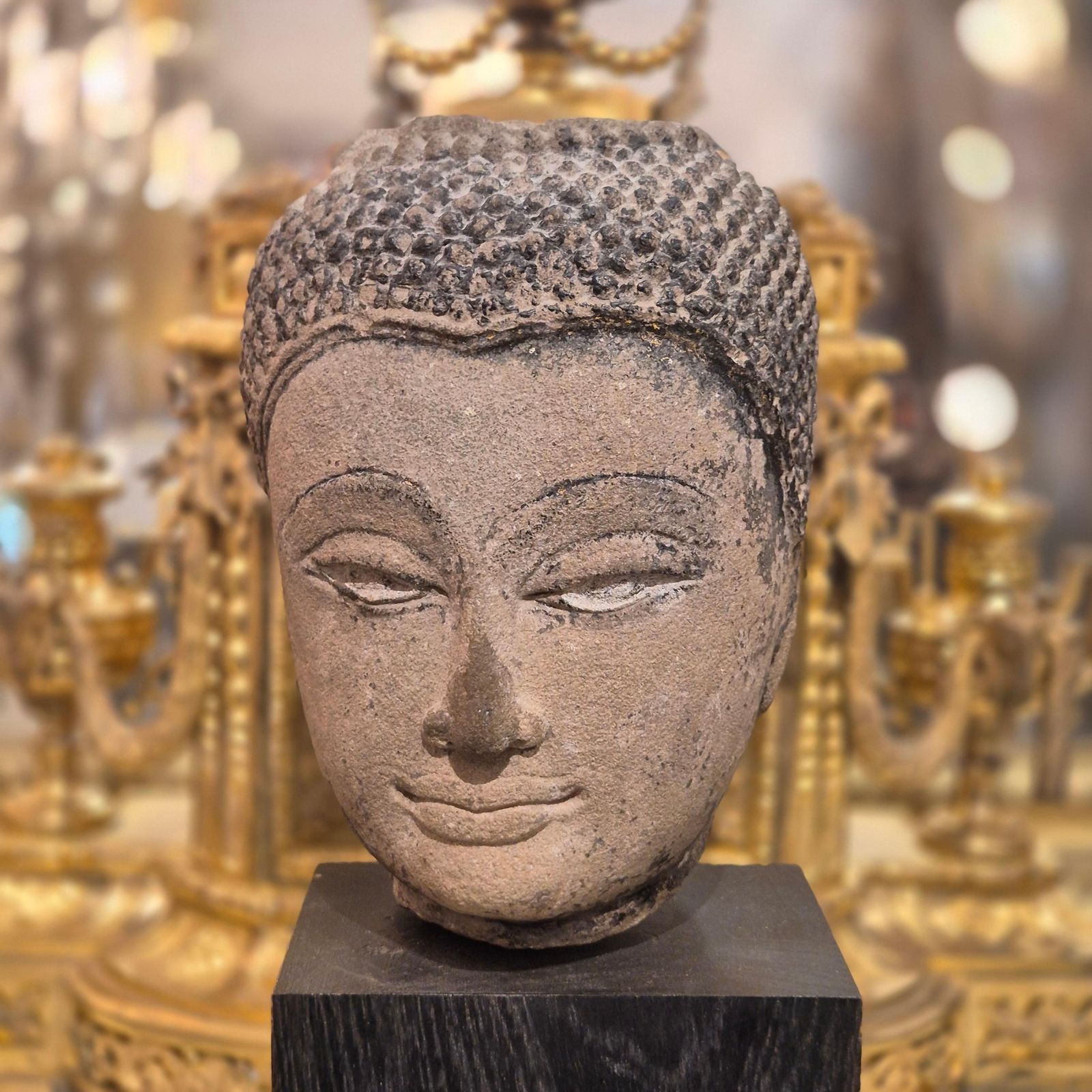 Art Shakyamuni Buddha Head In Sandstone, Thailand, Ayutthaya, 17th Century photo