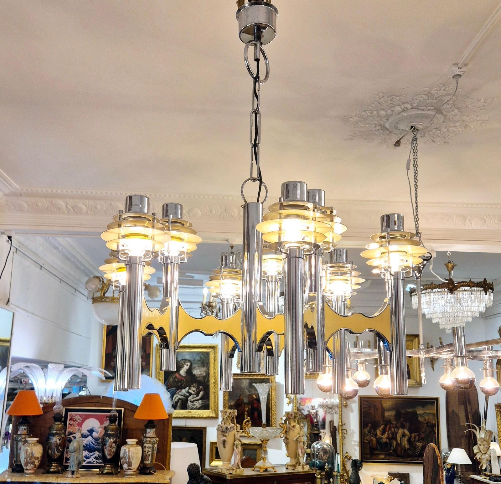 Space Age Chromed Metal Chandelier By Gaetano Sciolari, Mid 20th Century photo vintage