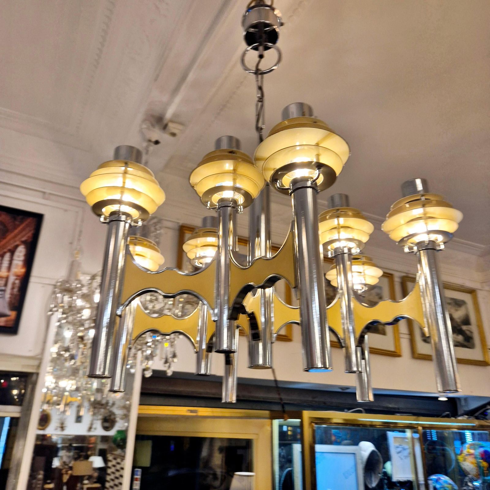 Lighting Space Age Chromed Metal Chandelier By Gaetano Sciolari, Mid 20th Century photo