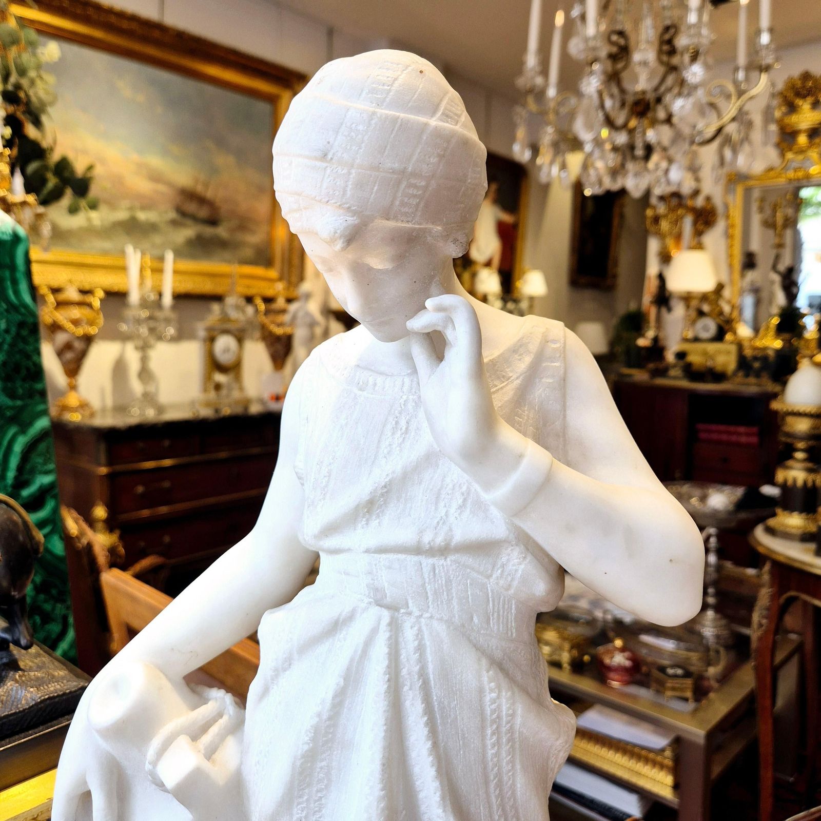 photo for sale Young Woman With Jug, Carrara Marble, Signed Bonnal, Early 20th Century
