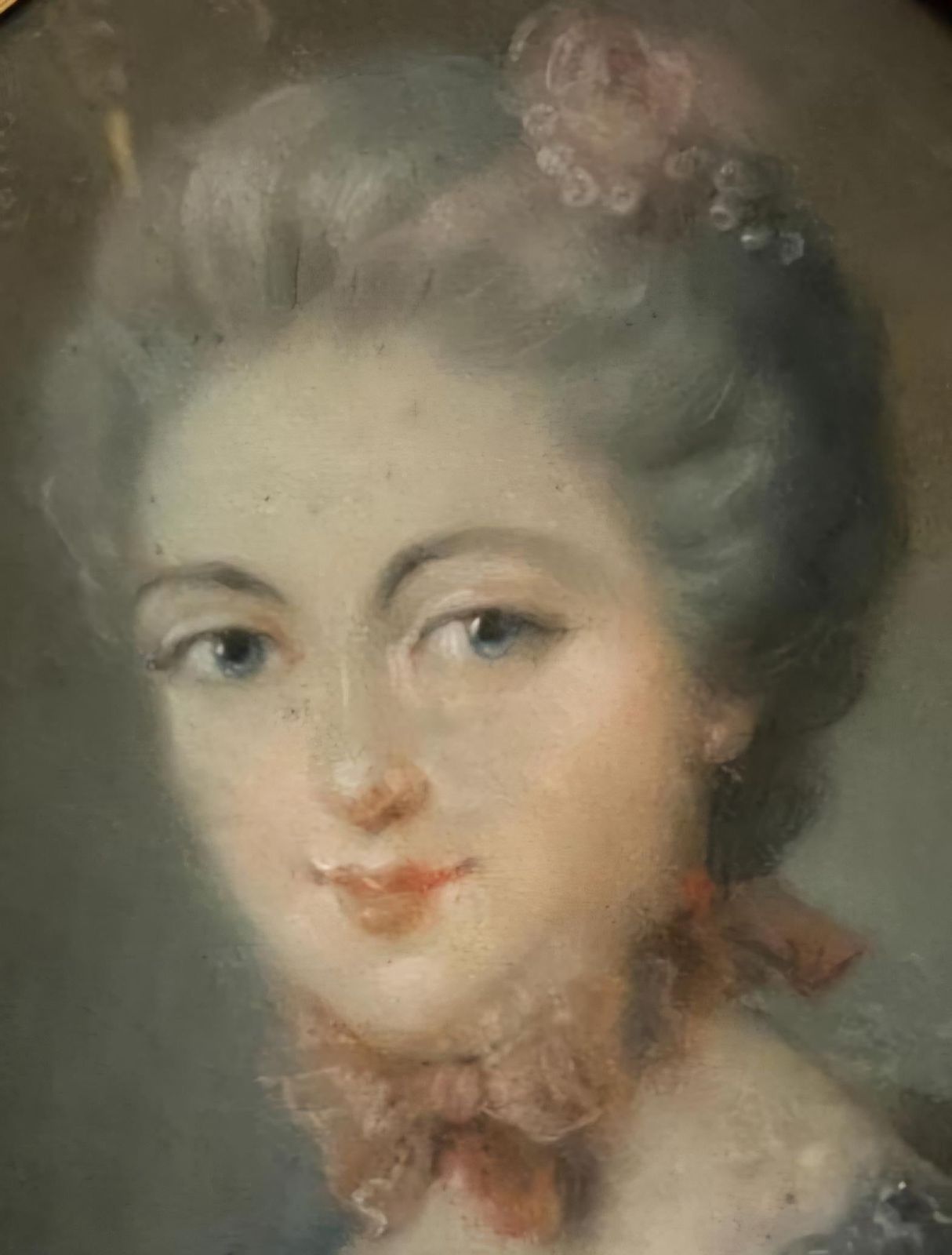 Portrait Of A Young Woman In An Gilt Oval Frame, Pastel Drawing, 18th Century photo for sale