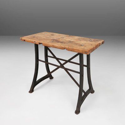 Industrial Bistro Table With Cast Iron Legs And Wooden Top, Belgium, 1920s