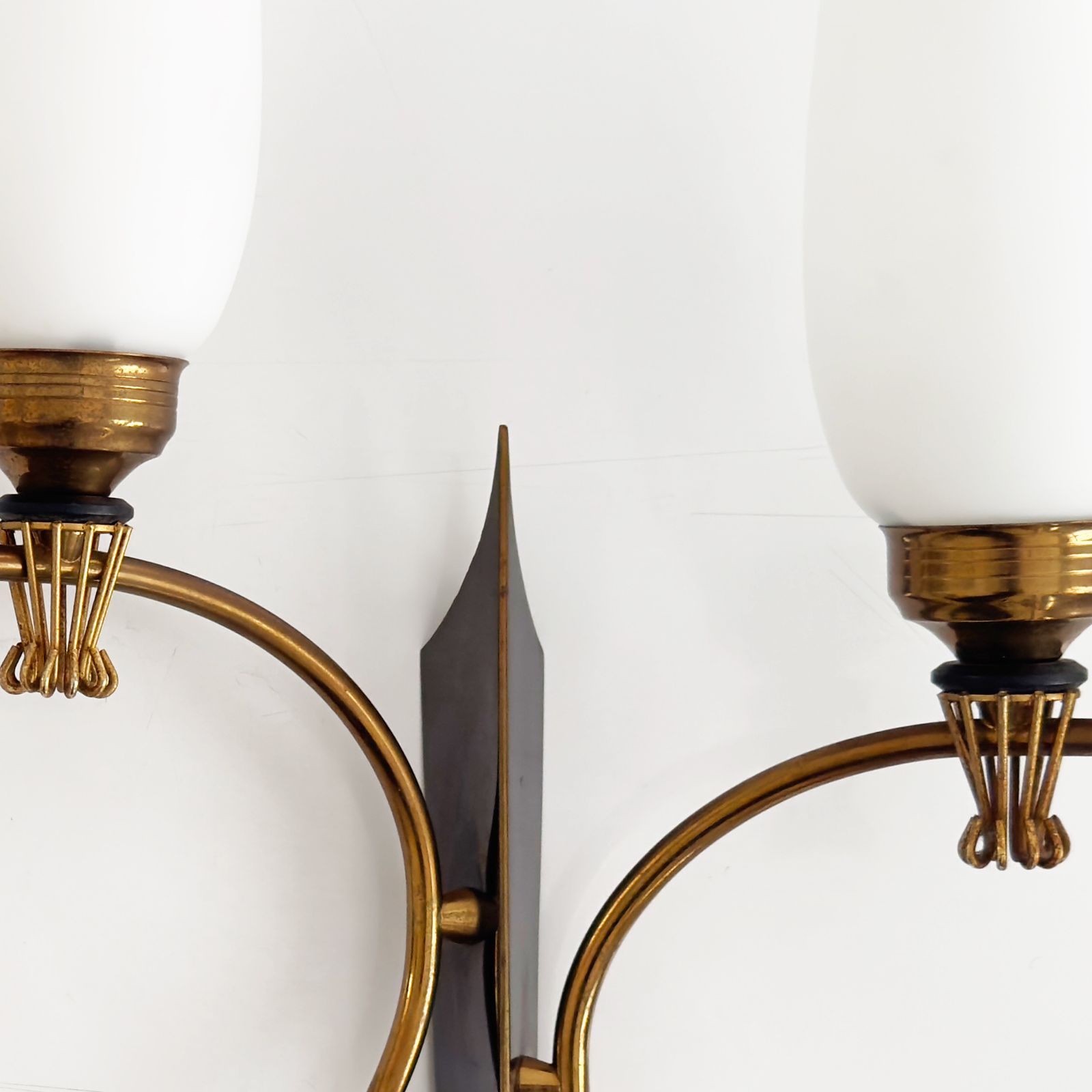 20th Century Pair Of Two Lights Wall Lamps By Maison Arlus In Gilded Brass & Opaline, 1960s photo for sale