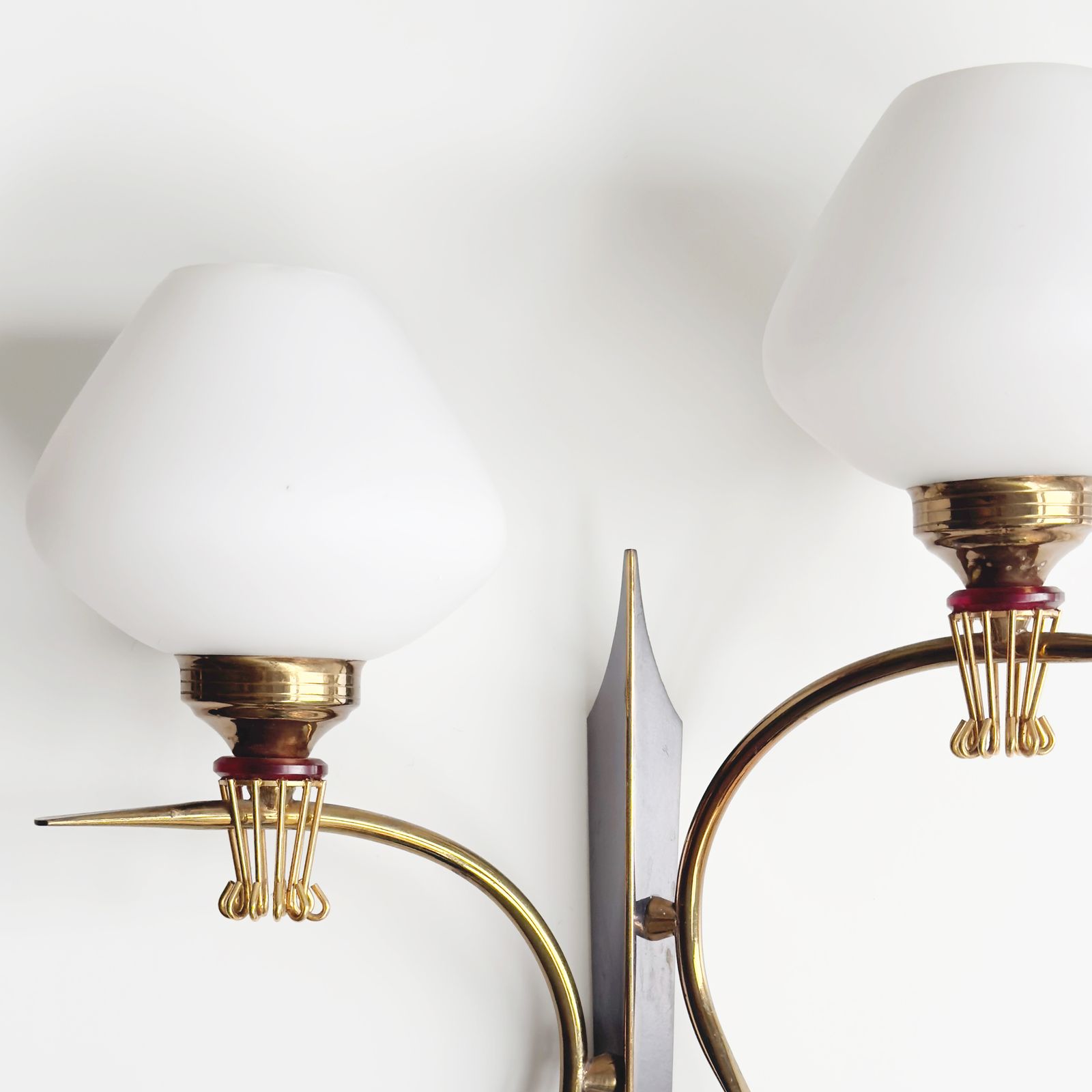 photo furniture 20th Century Pair Of Two Lights Wall Lamps By Maison Arlus In Gilded Brass & Opaline, 1960s