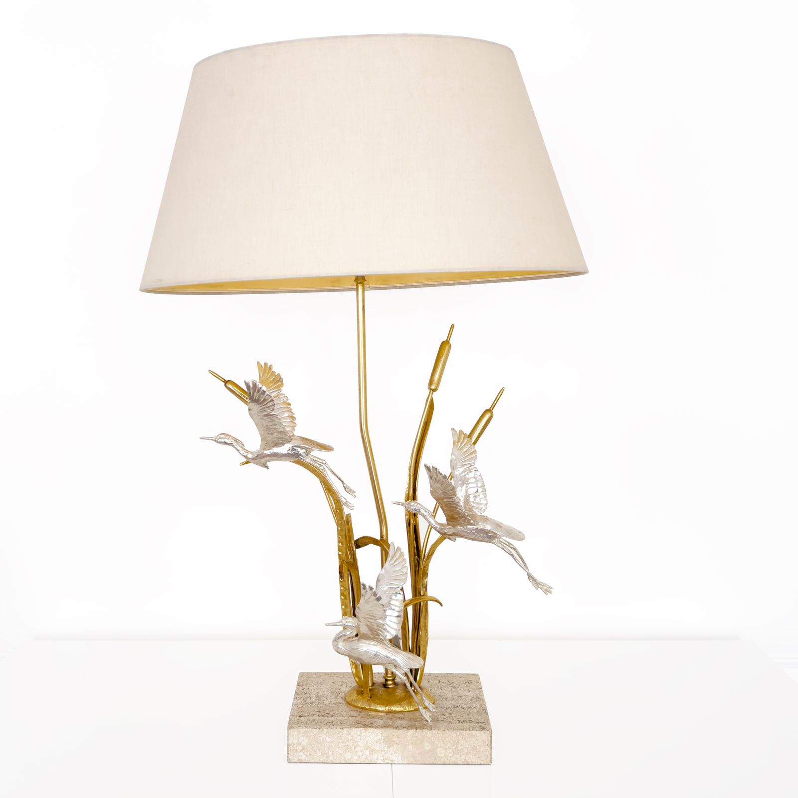 Lanciotto Galeotti Mid Century Heron Table Lamp In Gilded & Silvered Brass, Italy, 1970s