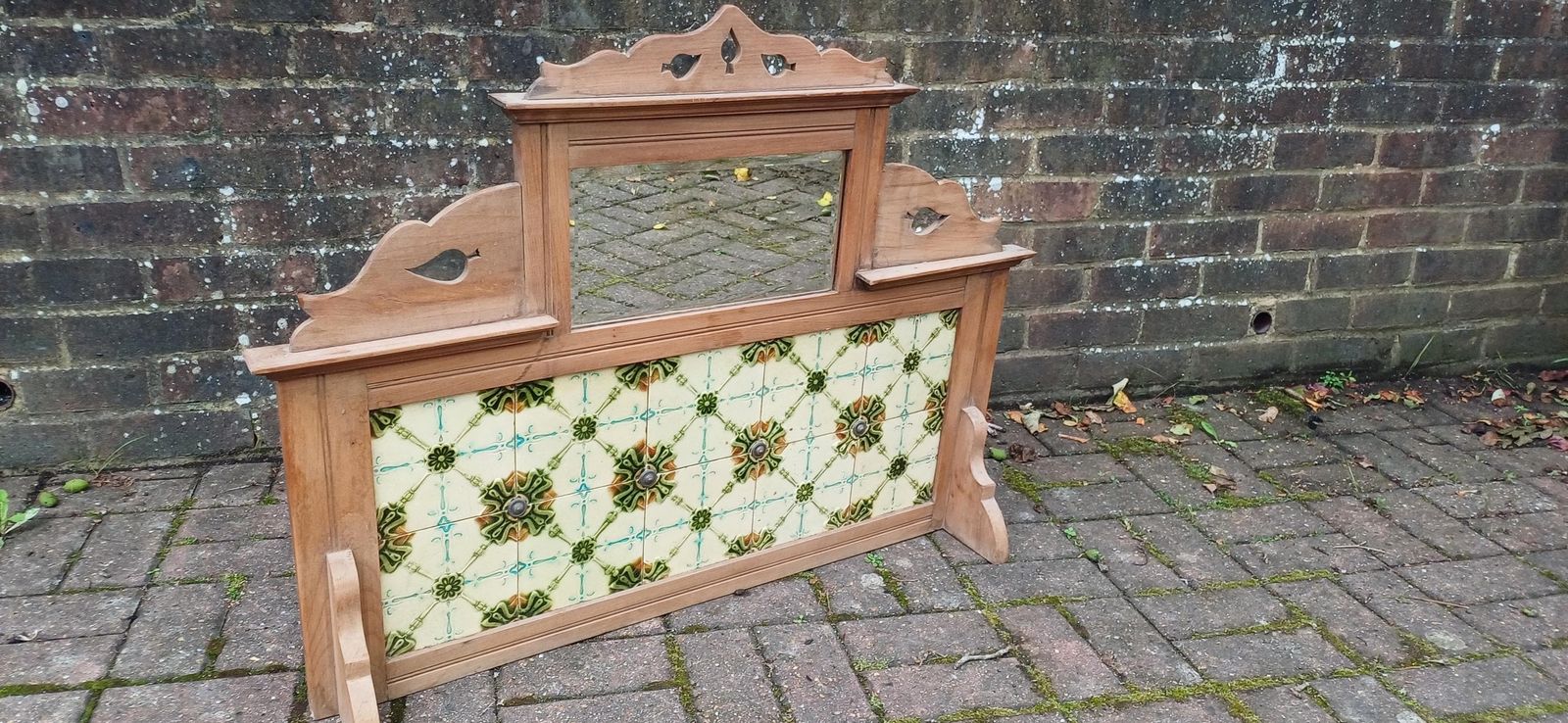 Huge Victorian Washstand Back Original Art Nouveau Majolica Tiles Carved Mirror Overmantel Antique Salvaged Mantelpiece Free Hand Delivery photo Home Decor